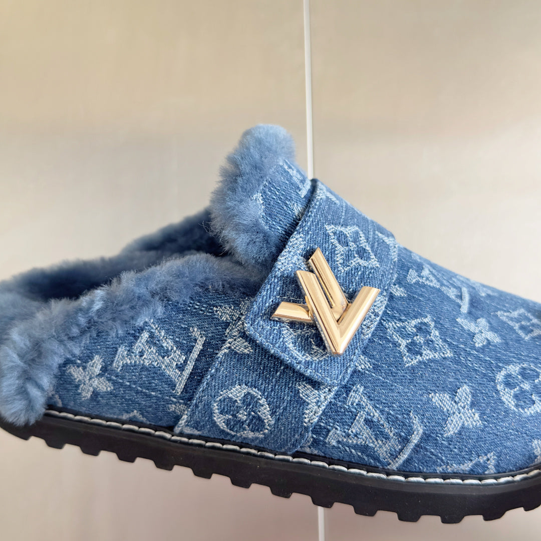 LV 25 Birkenstock Platform Slippers Blue Denim Wool 576222