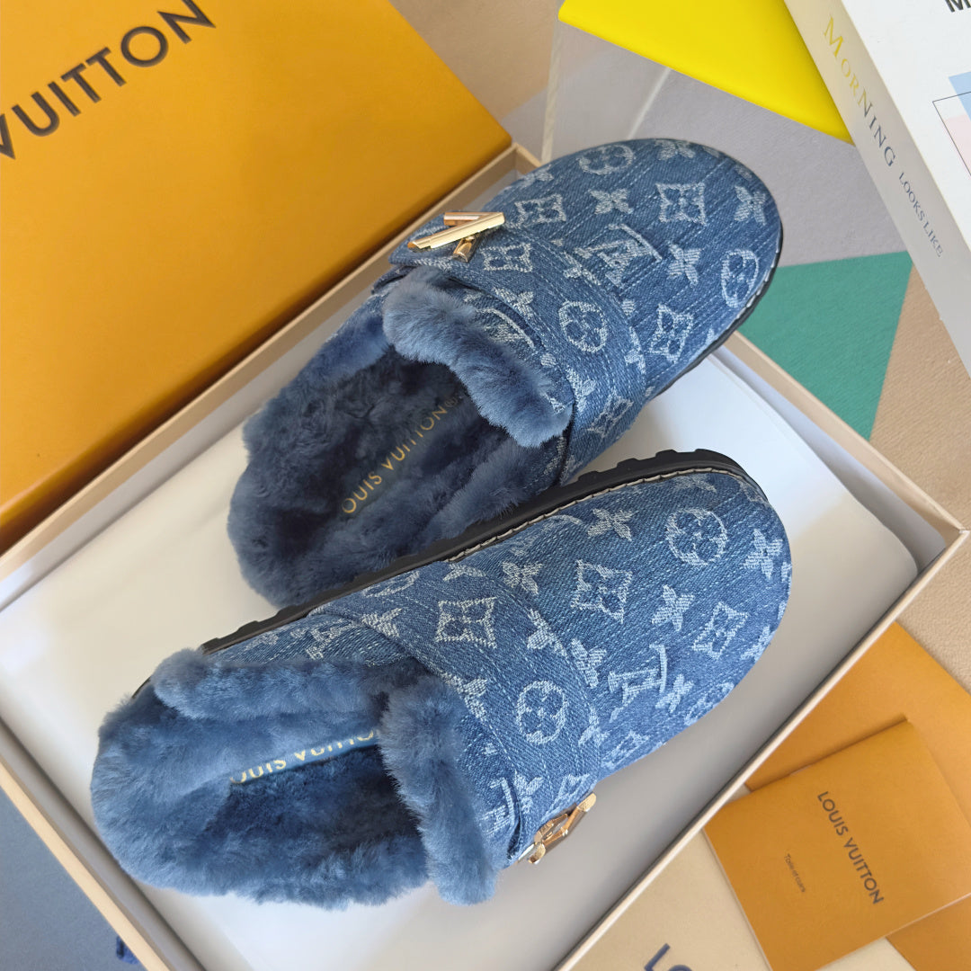 LV 25 Birkenstock Platform Slippers Blue Denim Wool 576222