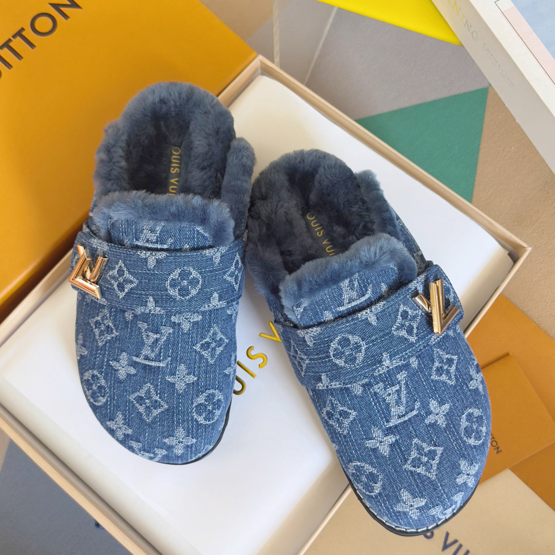 LV 25 Birkenstock Platform Slippers Blue Denim Wool 576222