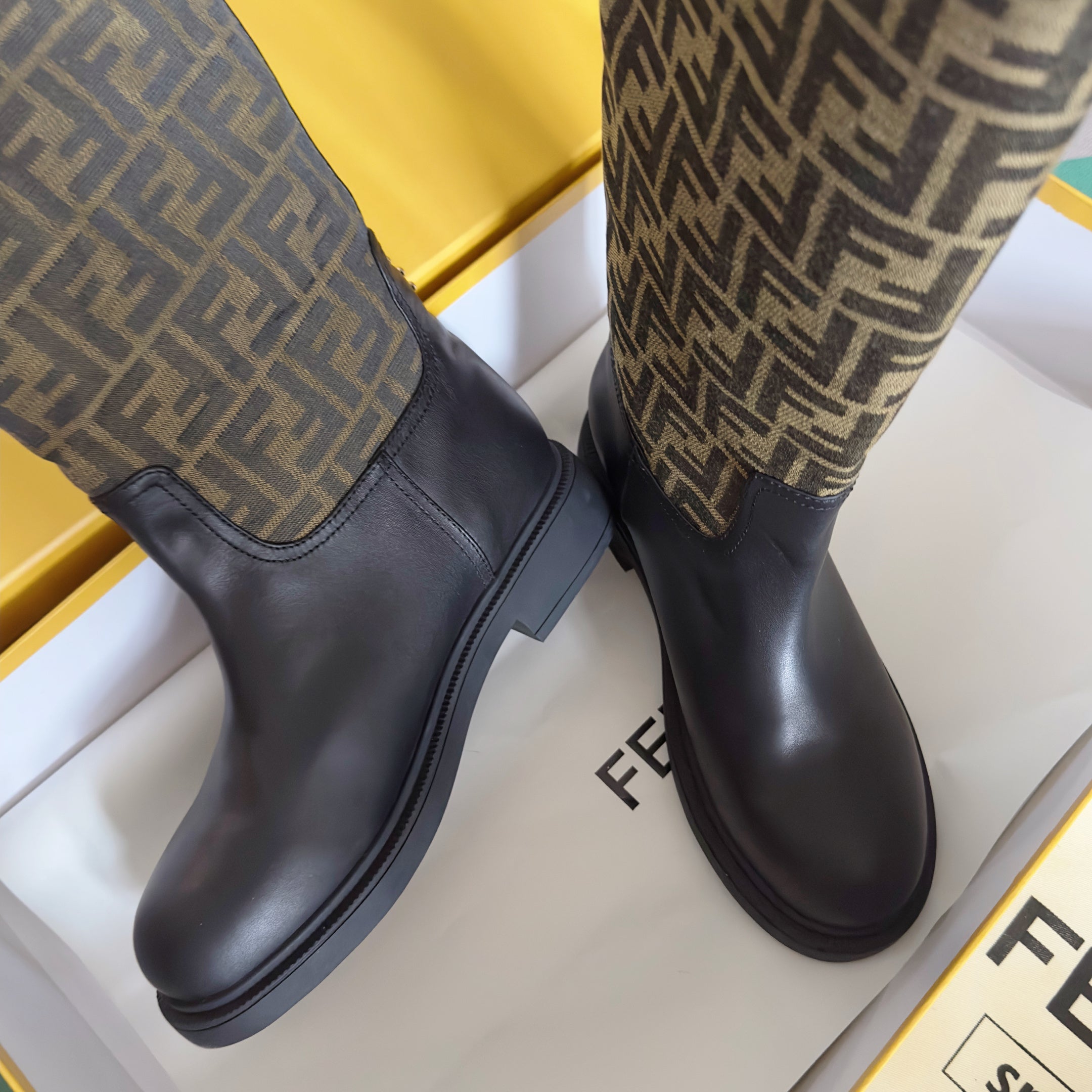 Fendi 2025 Filo Black Sheepskin and Brown FF Fabric Boot 553107