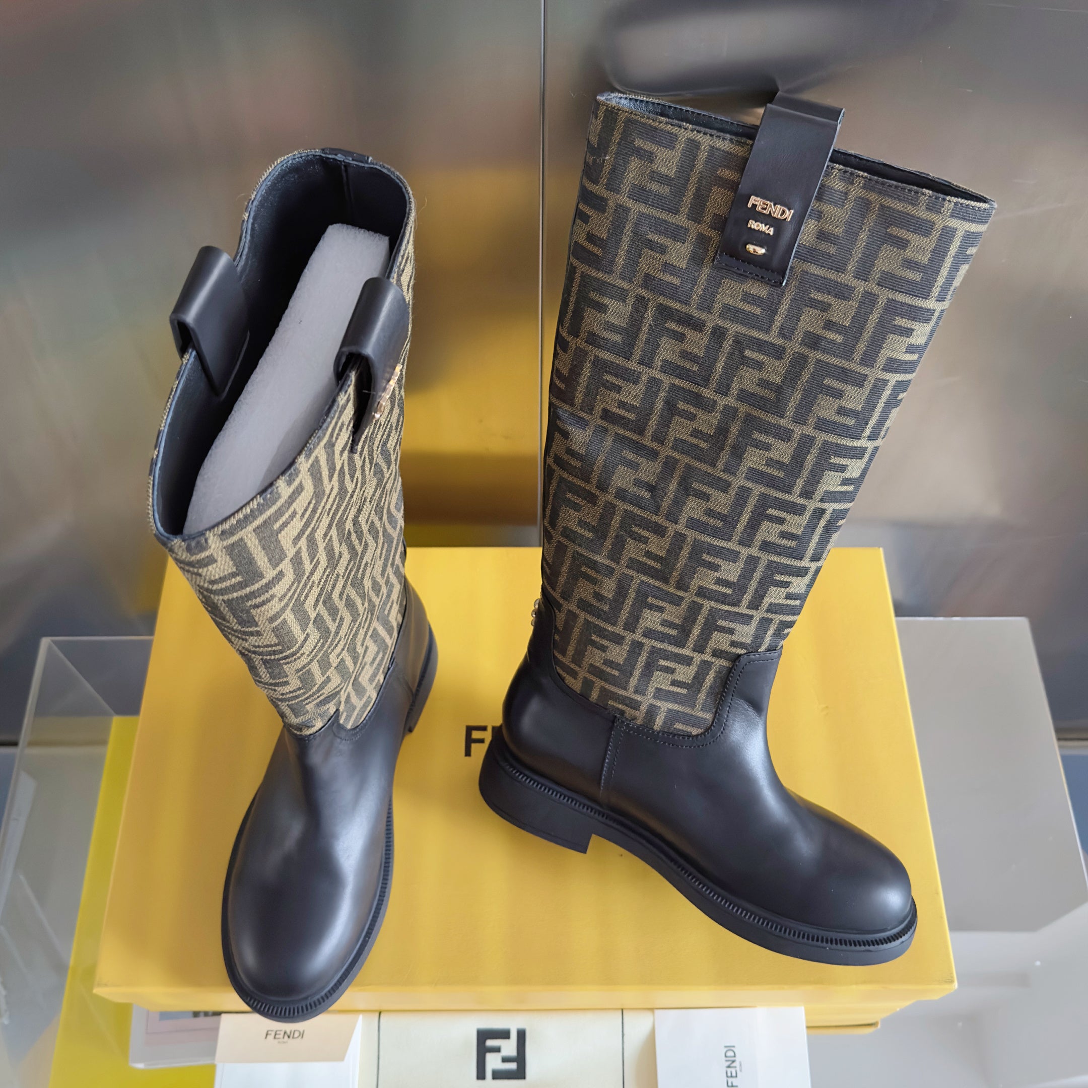 Fendi 2025 Filo Black Sheepskin and Brown FF Fabric Boot 553107