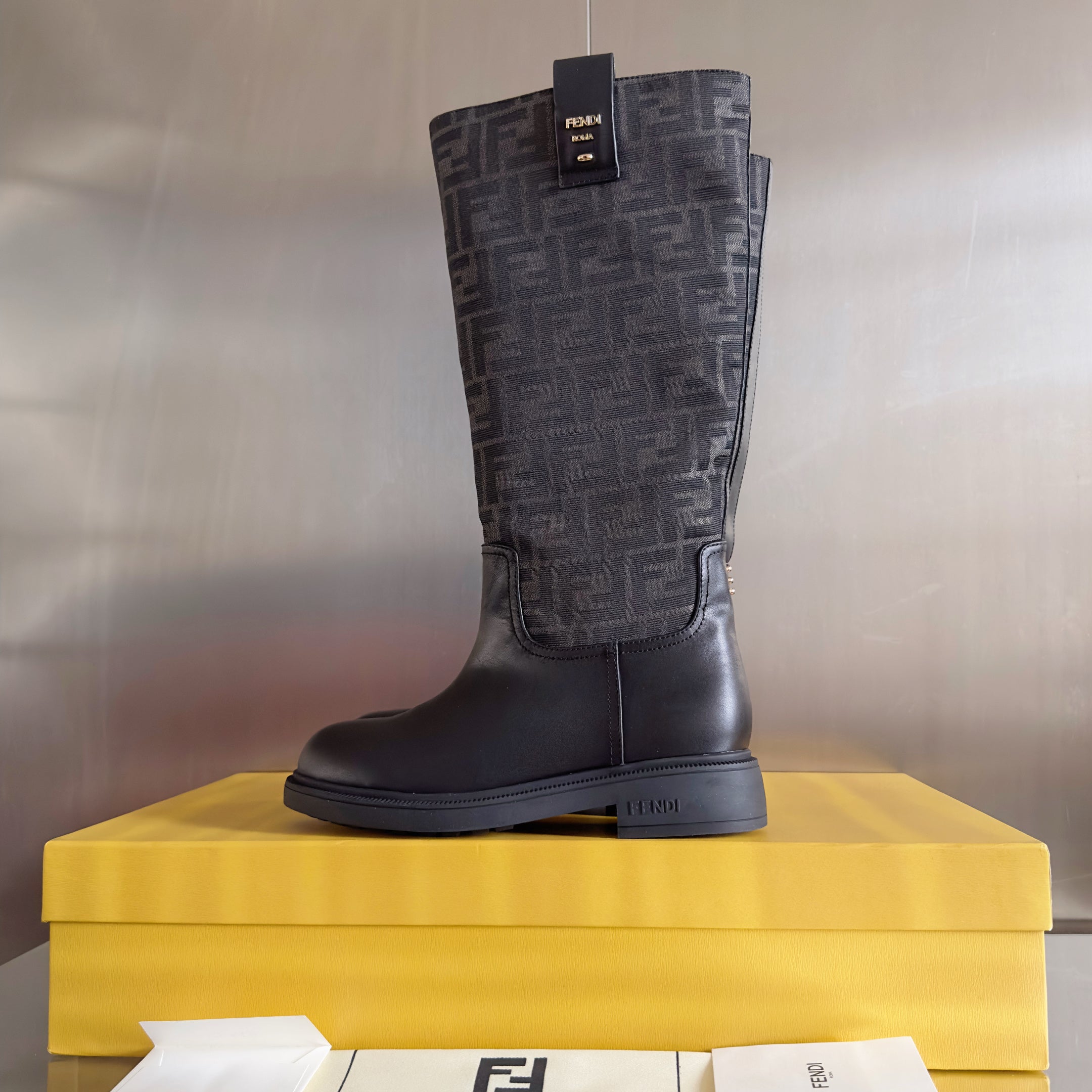 Fendi 2025 Filo Black Sheepskin and FF Fabric Boot 553108