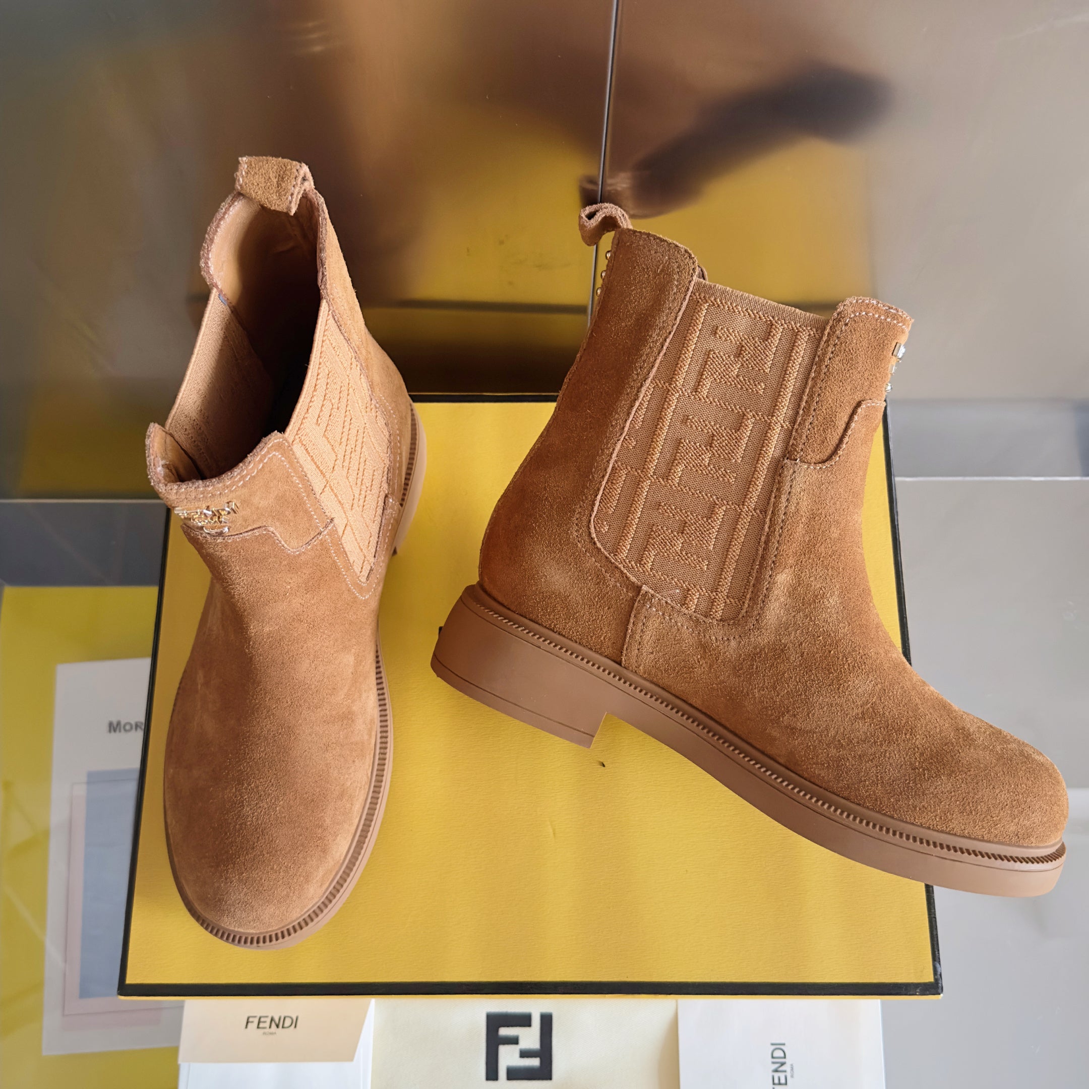 Fendi 2025 FF Monogram Chelsea Boot Brown Suede Fabric 553104