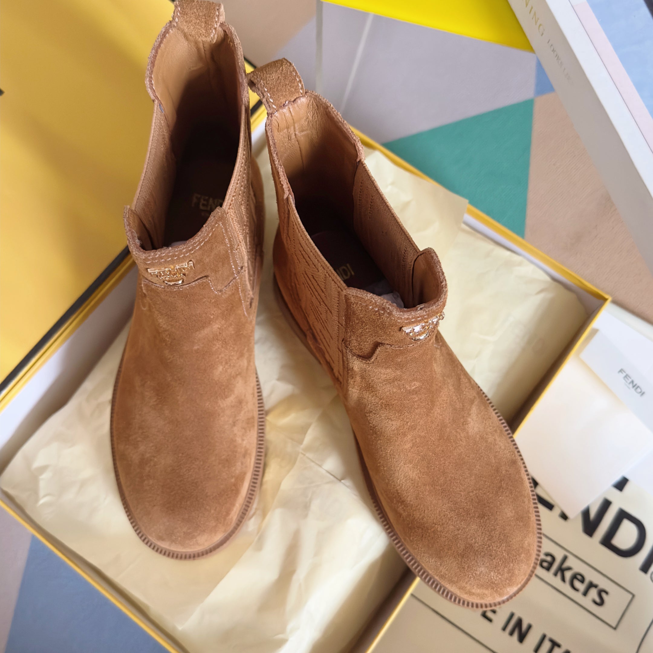 Fendi 2025 FF Monogram Chelsea Boot Brown Suede Fabric 553104