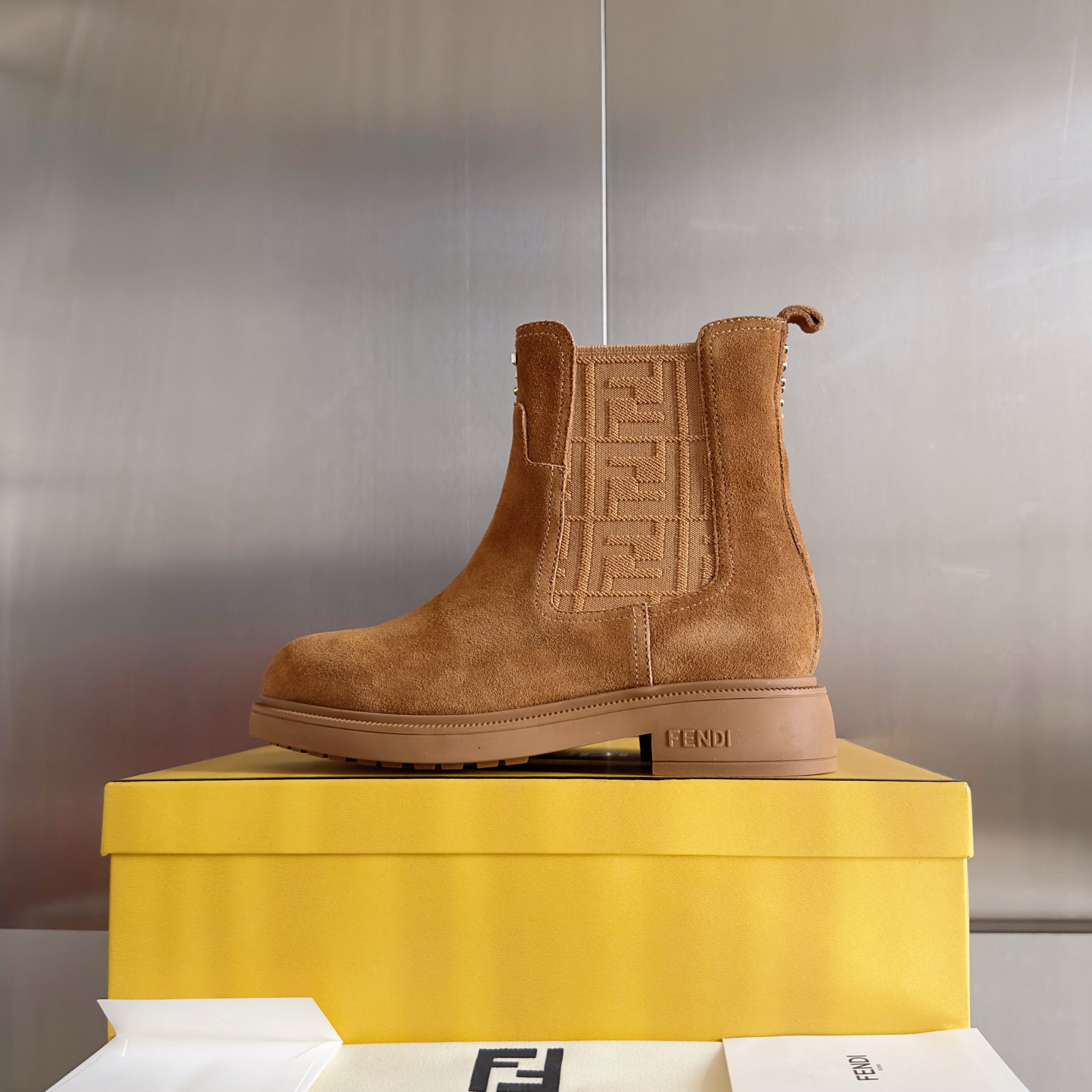 Fendi 2025 FF Monogram Chelsea Boot Brown Suede Fabric 553104
