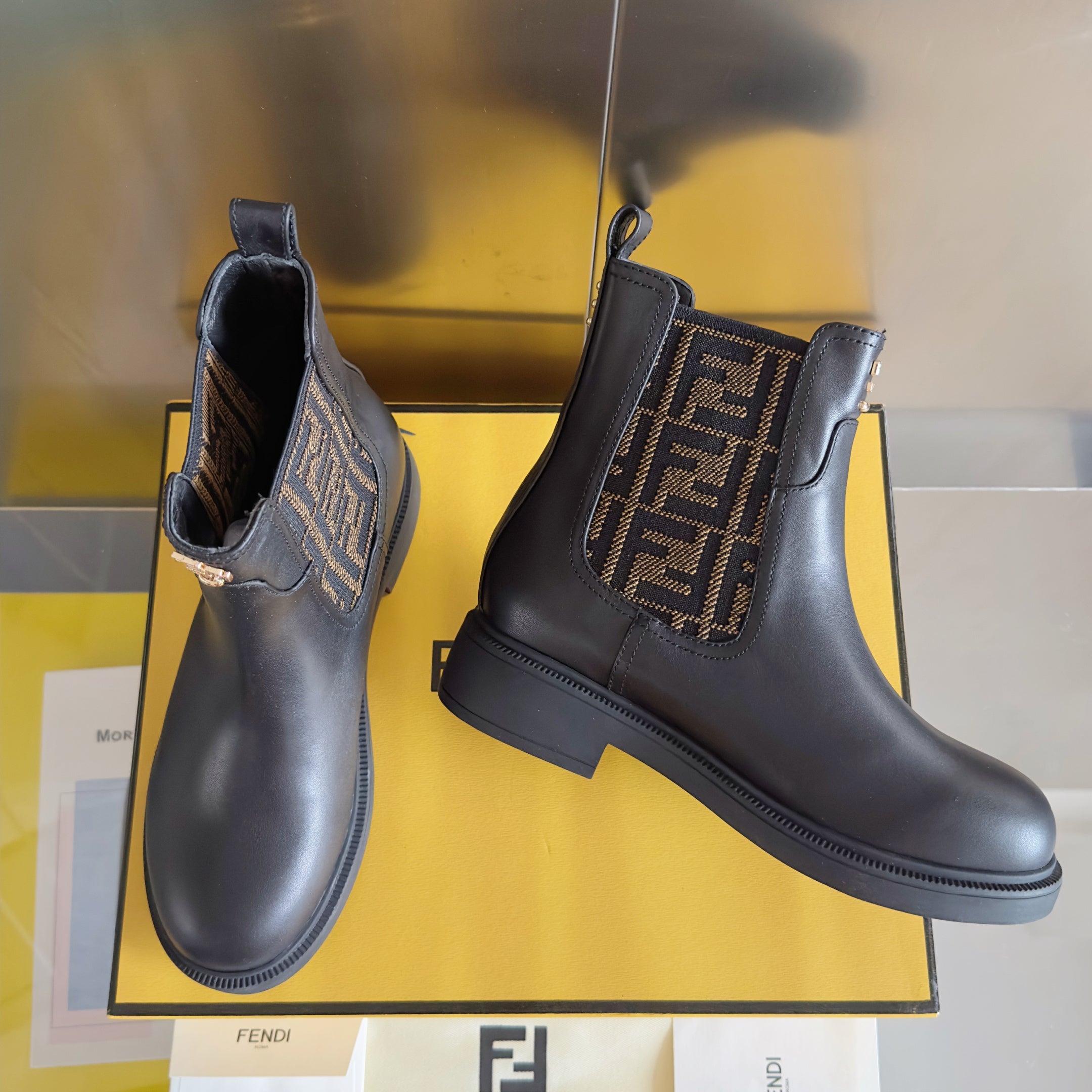 Fendi 2025 FF Monogram Chelsea Boot Black Brown Leather Fabric  553105