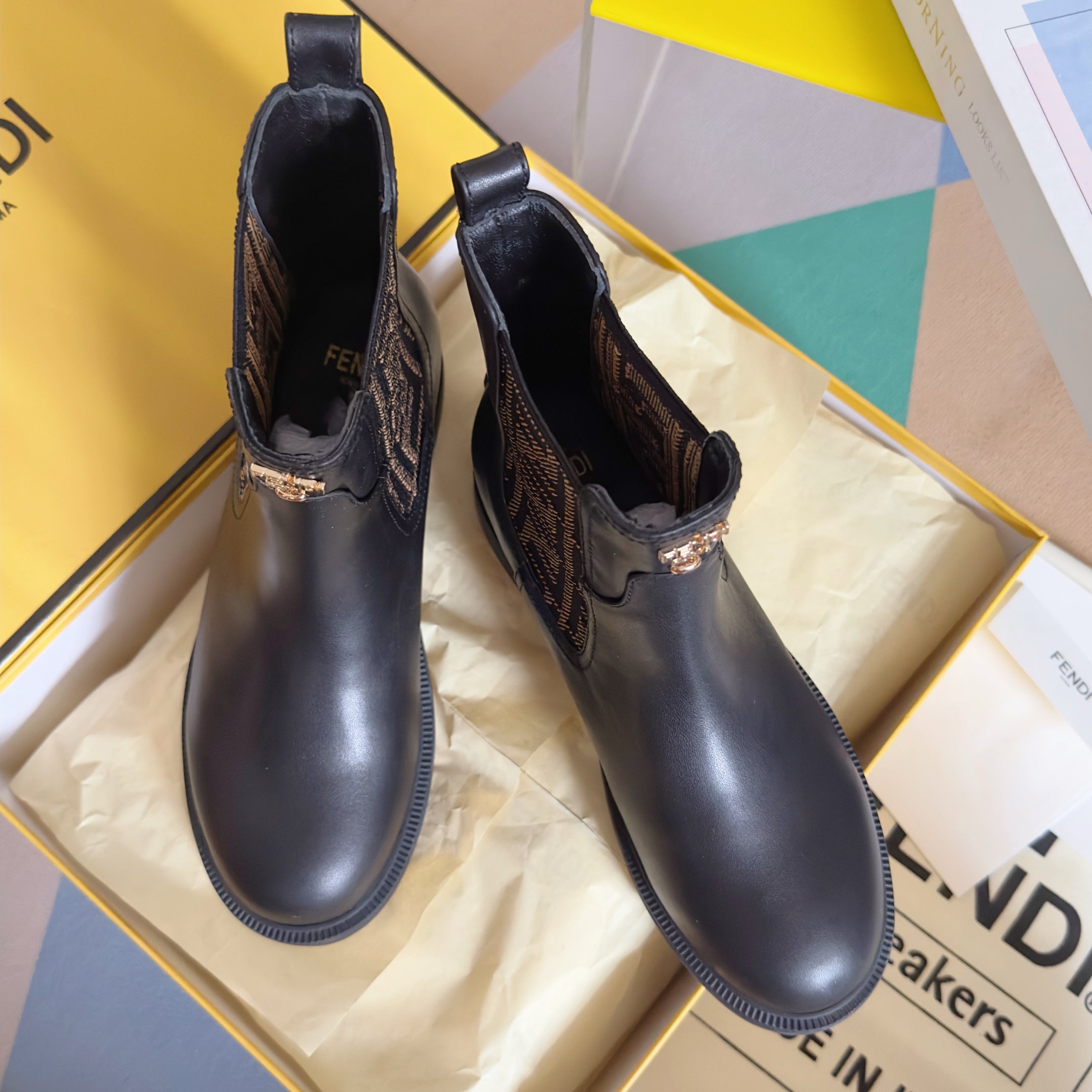 Fendi 2025 FF Monogram Chelsea Boot Black Brown Leather Fabric  553105