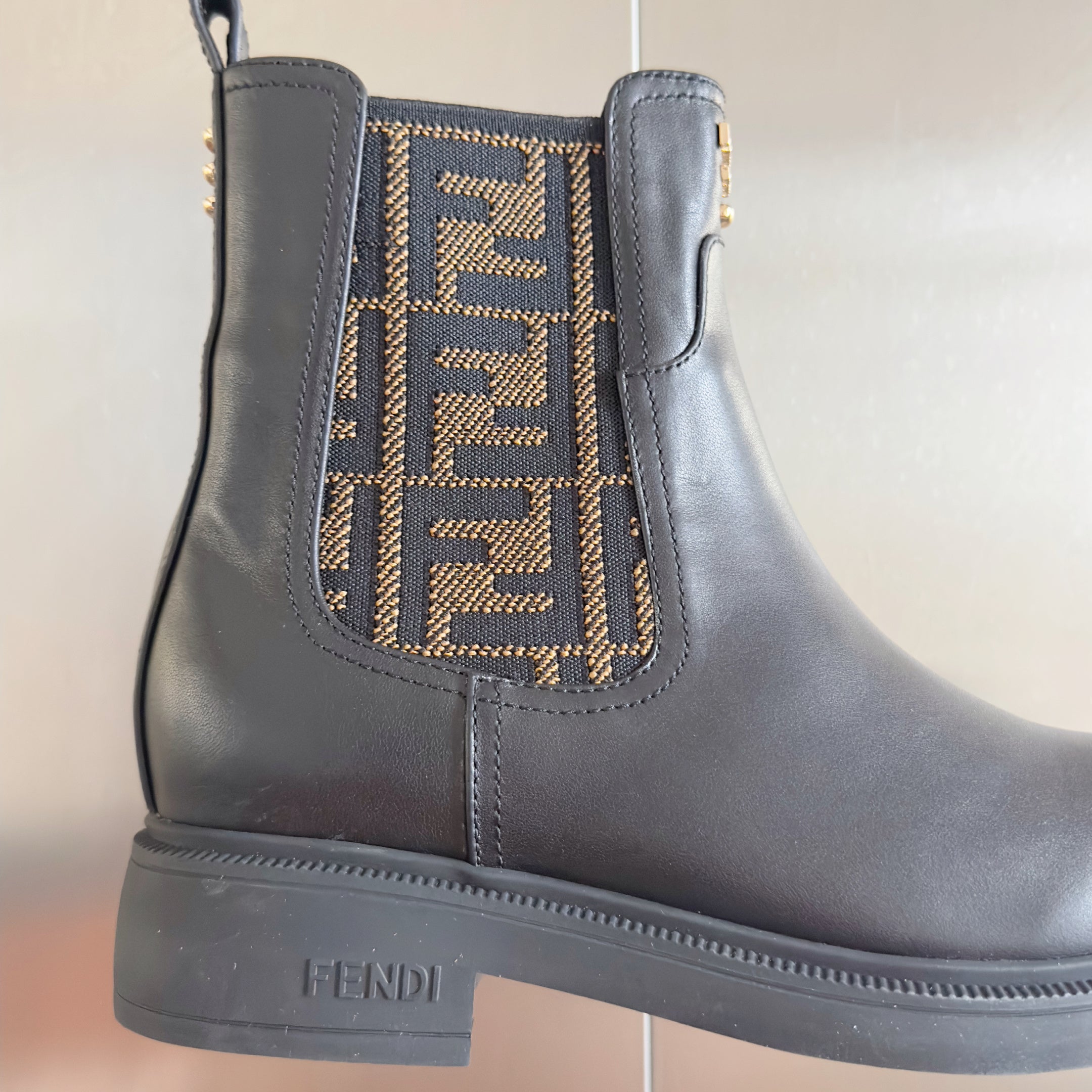 Fendi 2025 FF Monogram Chelsea Boot Black Brown Leather Fabric  553105