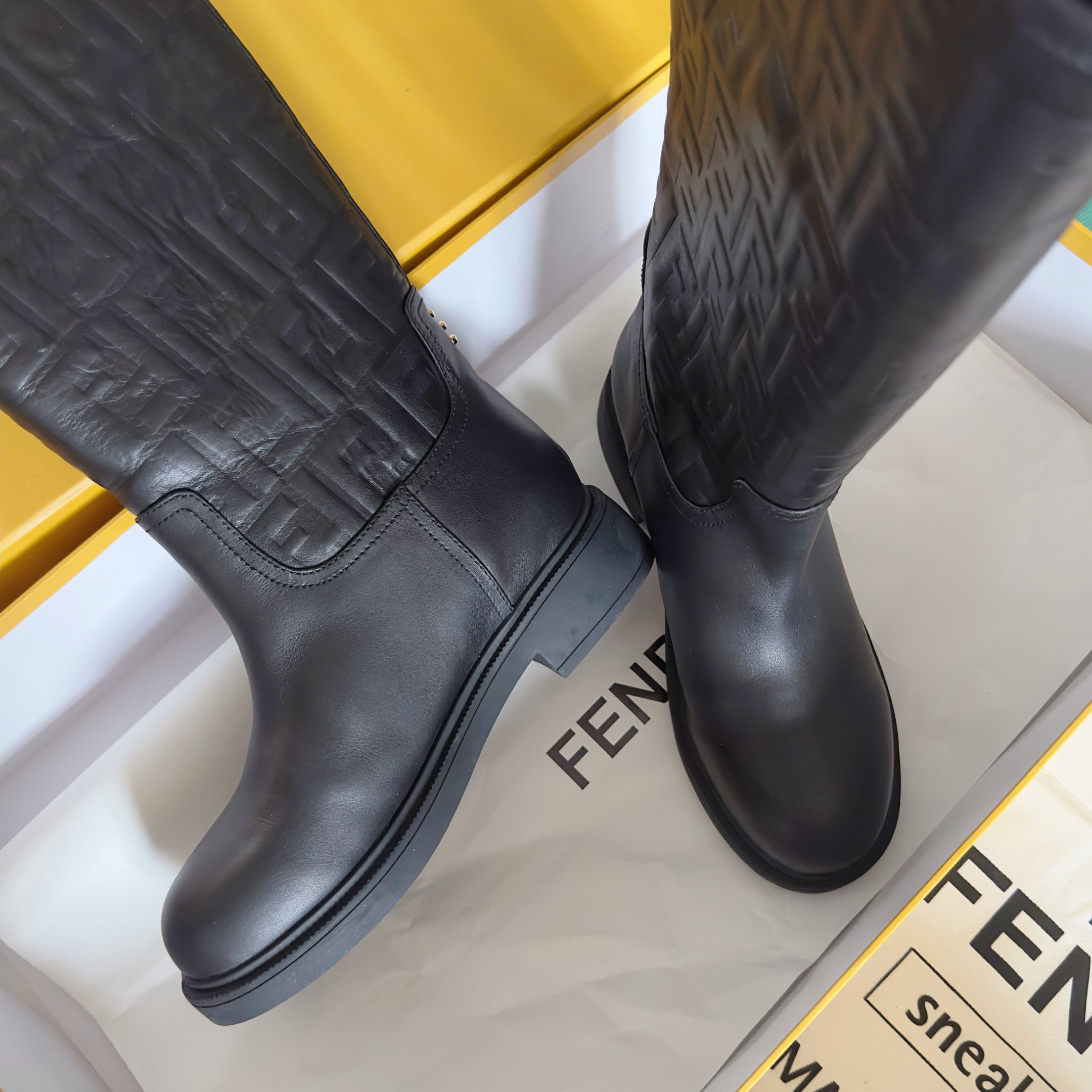 Fendi 2025 Monogram Embossed Long Boot Black Sheepskin 553110