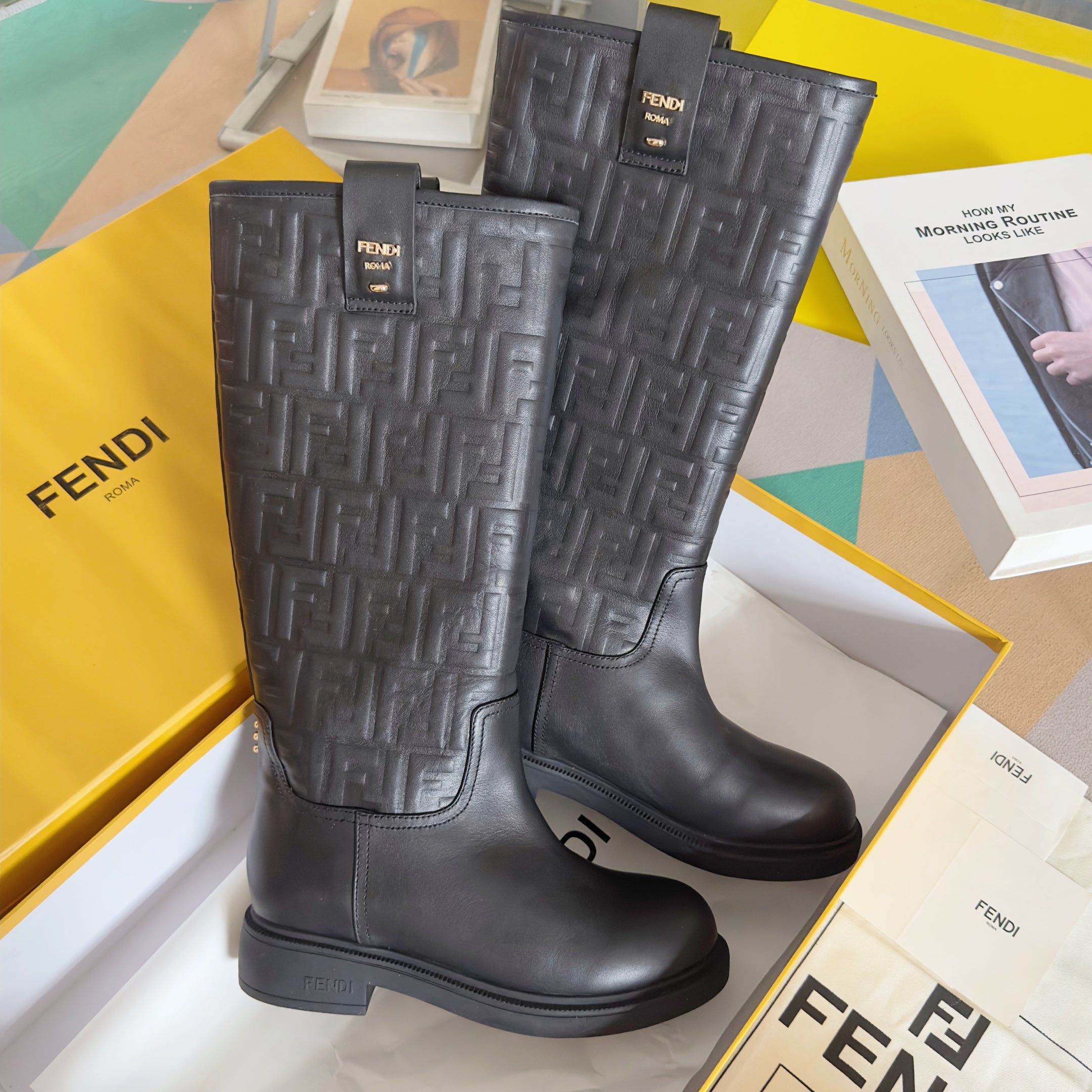 Fendi 2025 Monogram Embossed Long Boot Black Sheepskin 553110