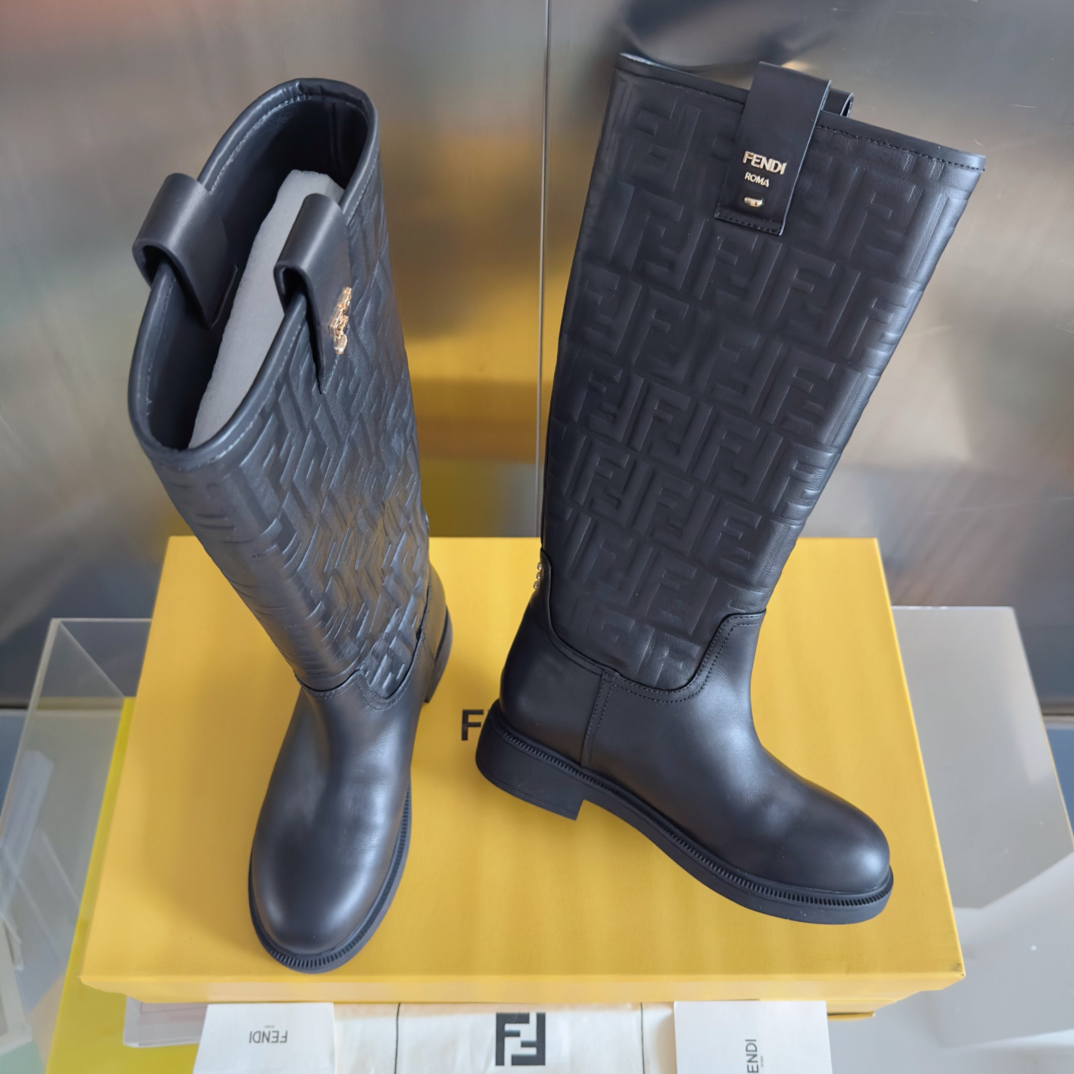 Fendi 2025 Monogram Embossed Long Boot Black Sheepskin 553110