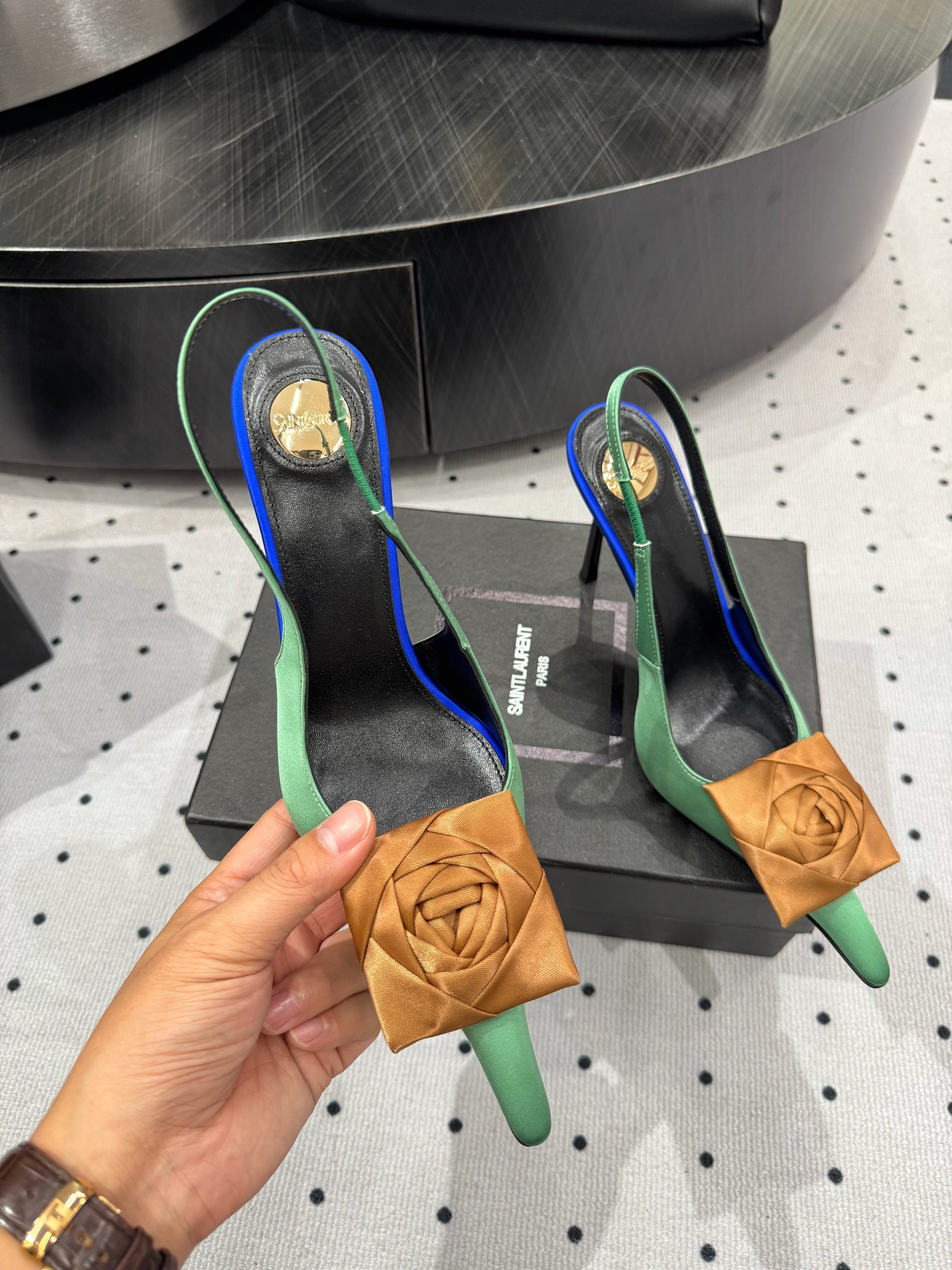 YSL 2026 Amalia Slingback Pump Green Blue Black Satin Leather 278511