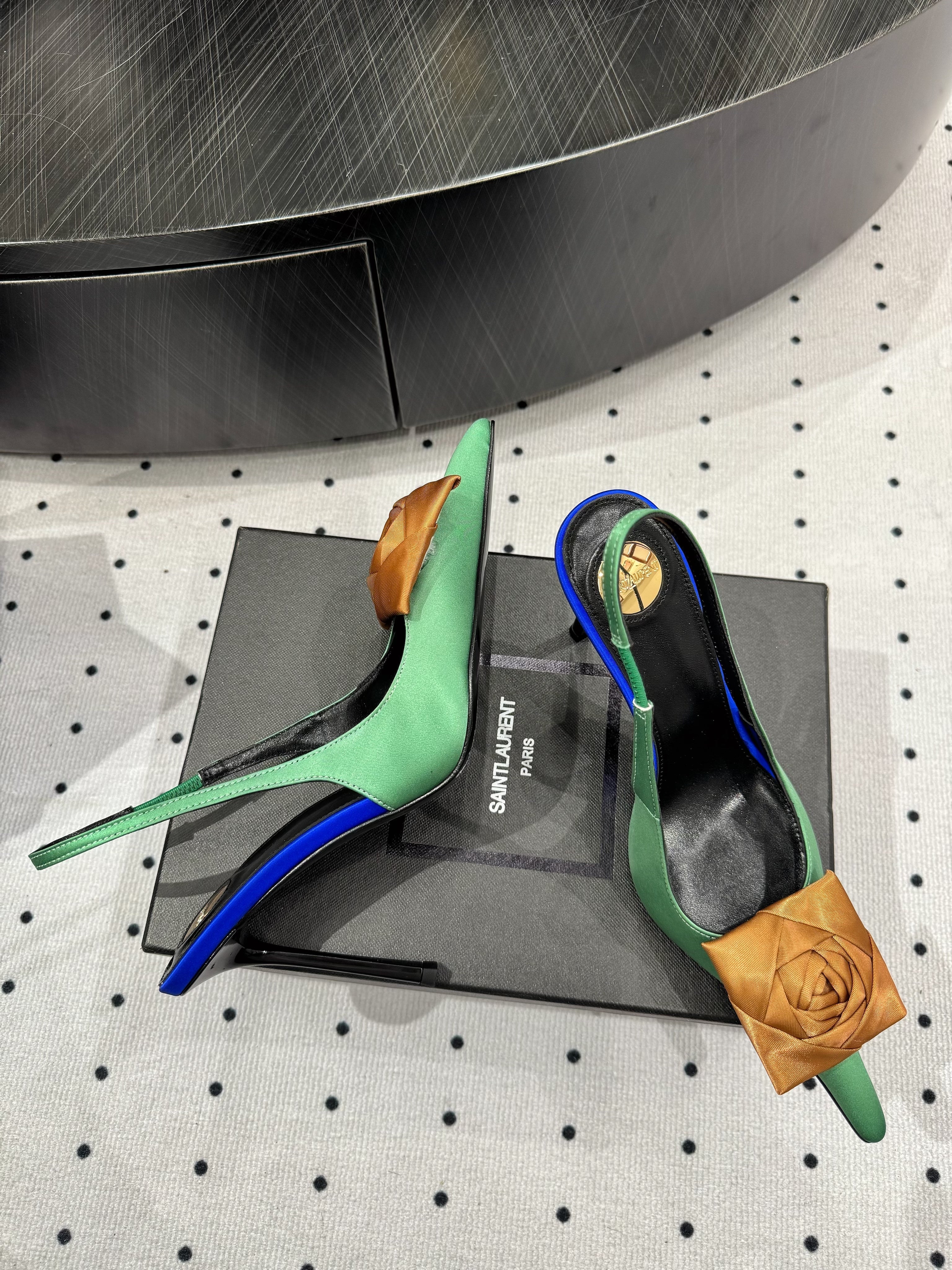 YSL 2026 Amalia Slingback Pump Green Blue Black Satin Leather 278511