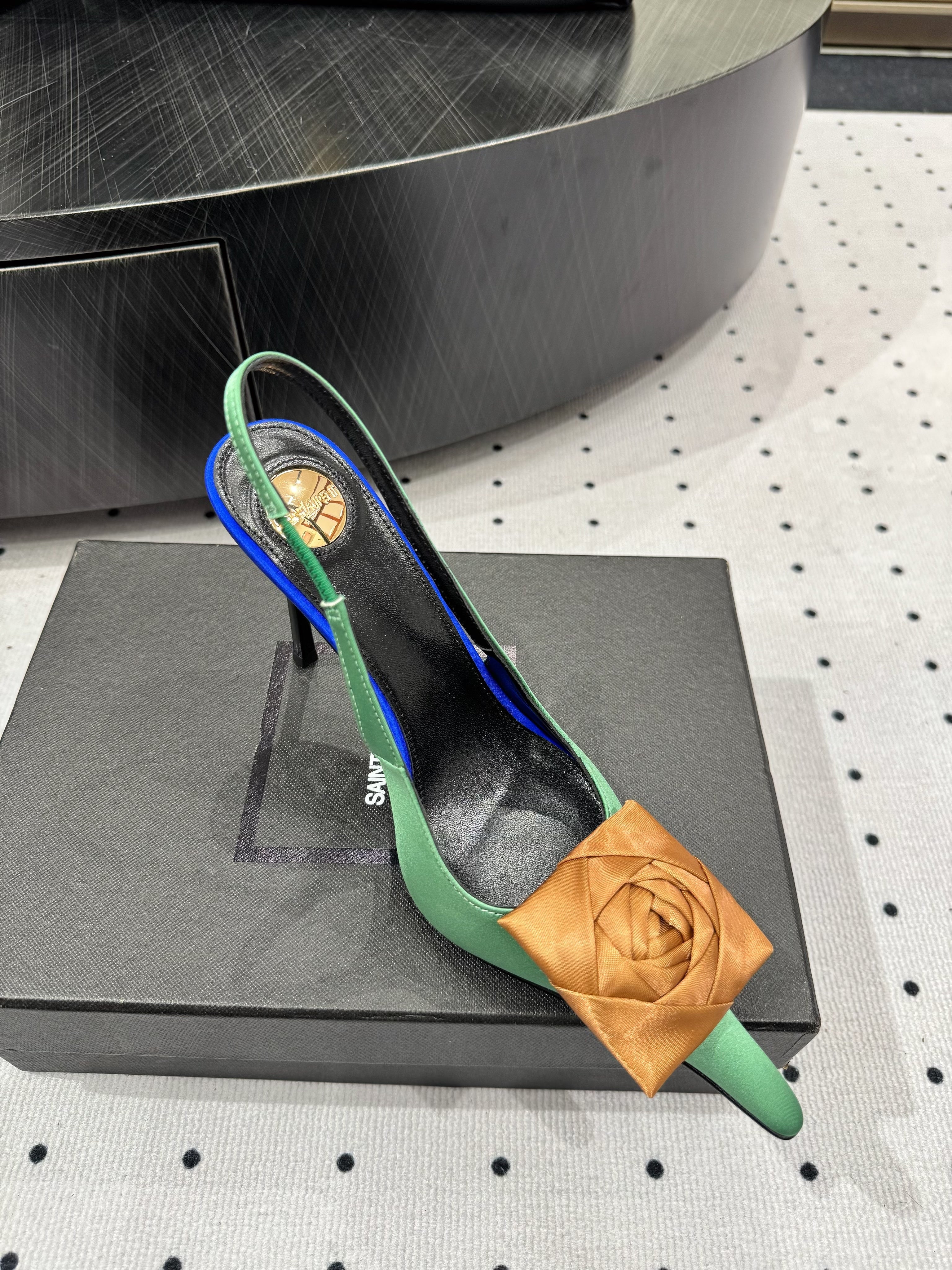 YSL 2026 Amalia Slingback Pump Green Blue Black Satin Leather 278511