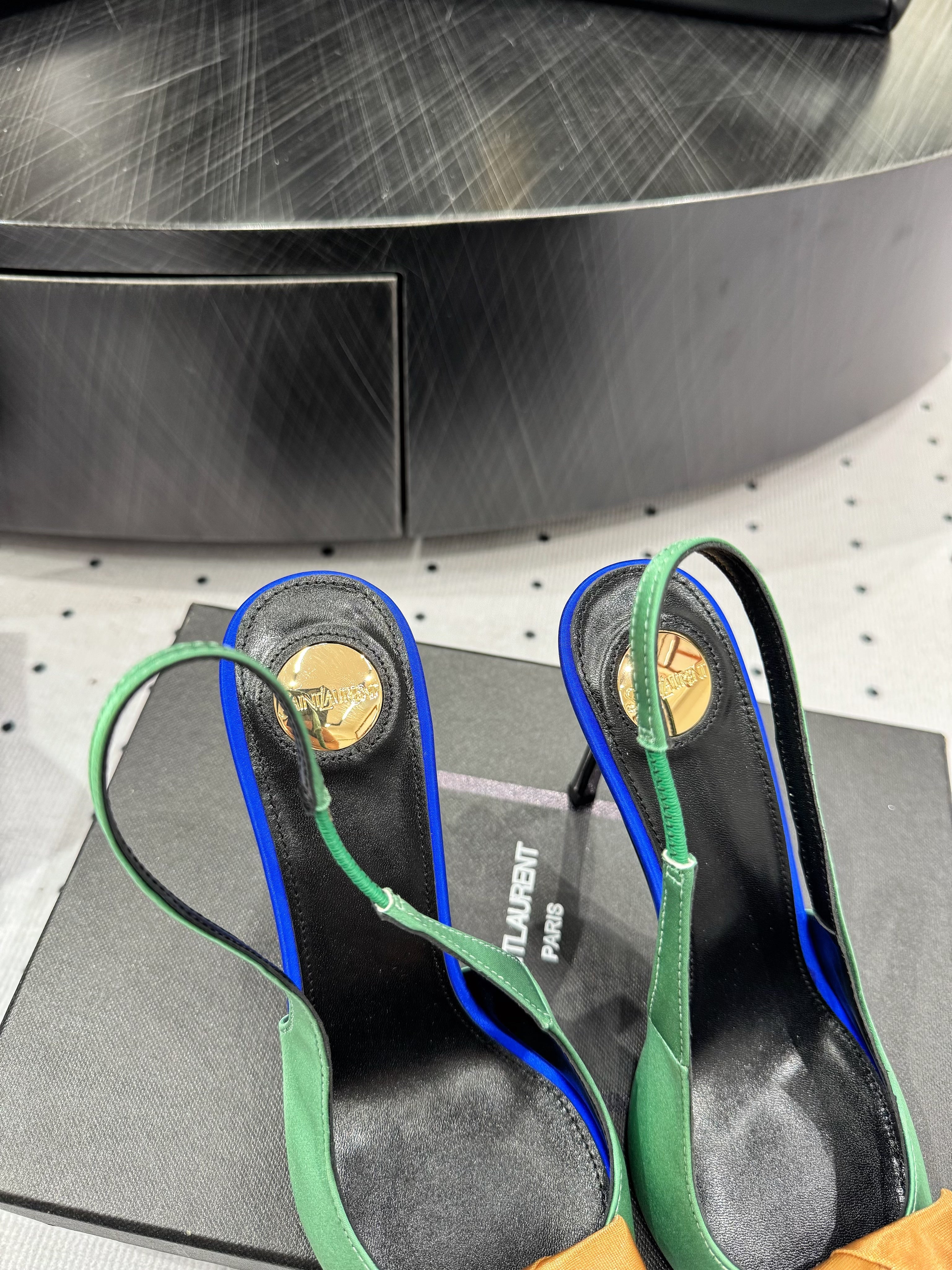 YSL 2026 Amalia Slingback Pump Green Blue Black Satin Leather 278511