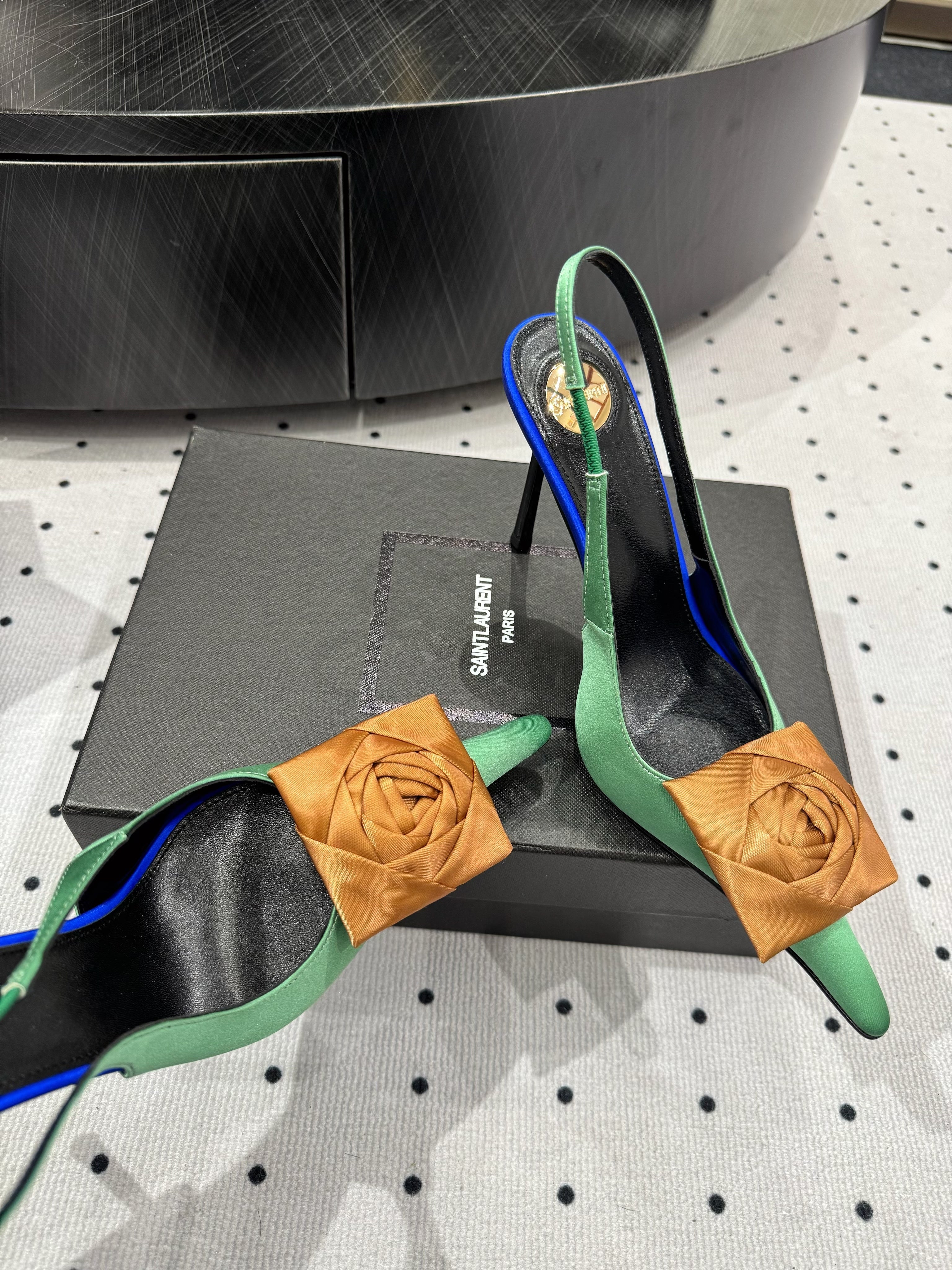 YSL 2026 Amalia Slingback Pump Green Blue Black Satin Leather 278511