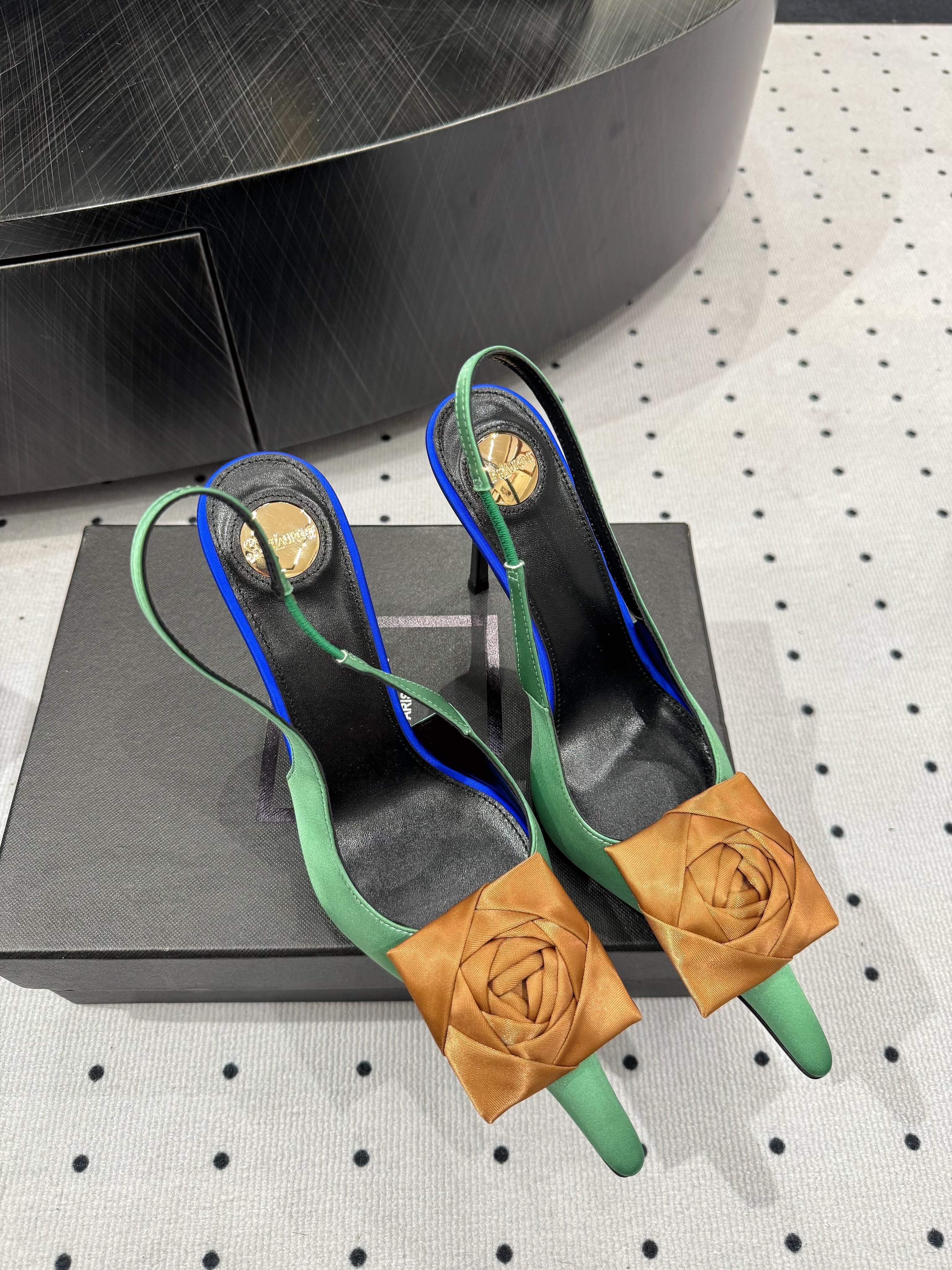 YSL 2026 Amalia Slingback Pump Green Blue Black Satin Leather 278511