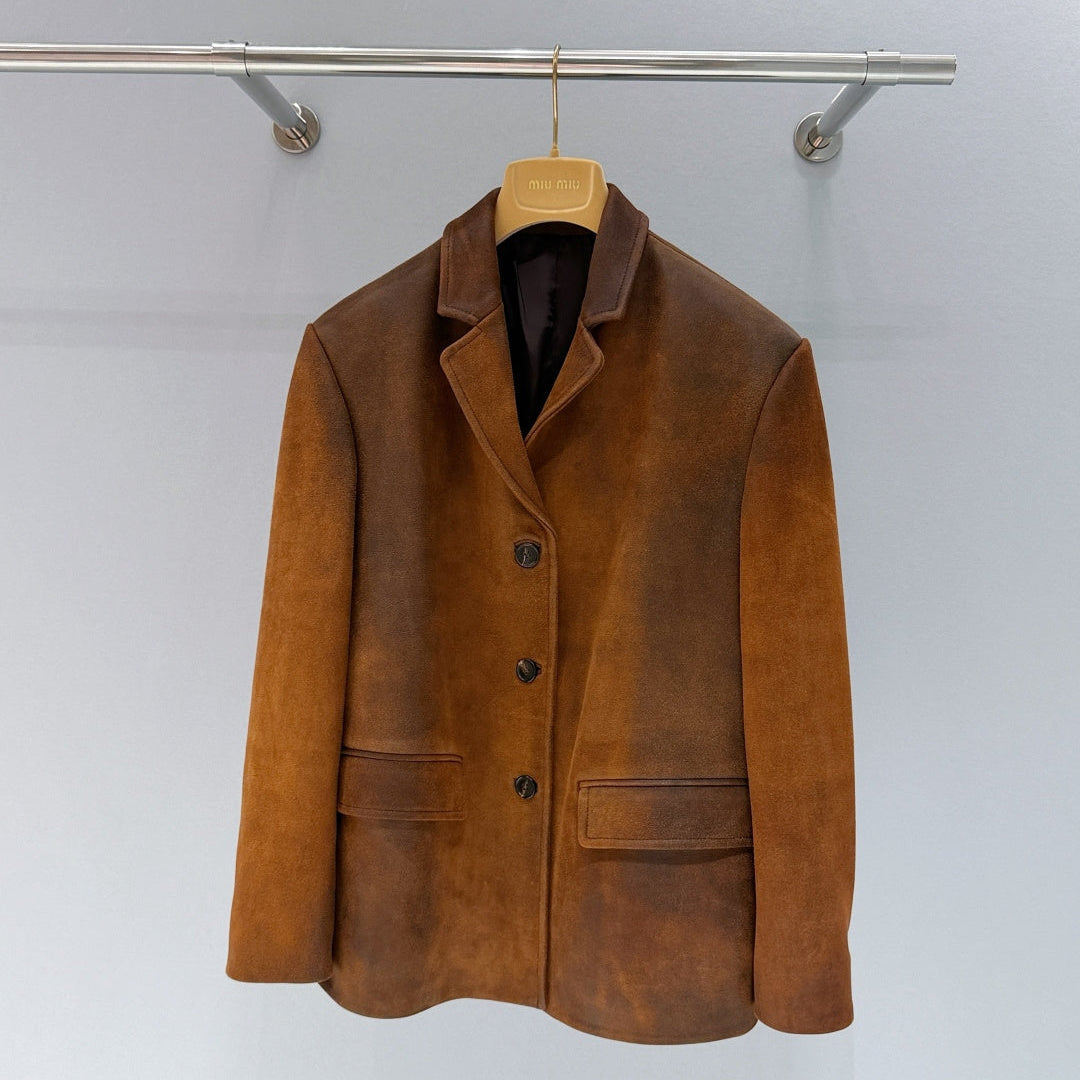 Miumiu 2026 Waxed Jacket Brown Suede Leather