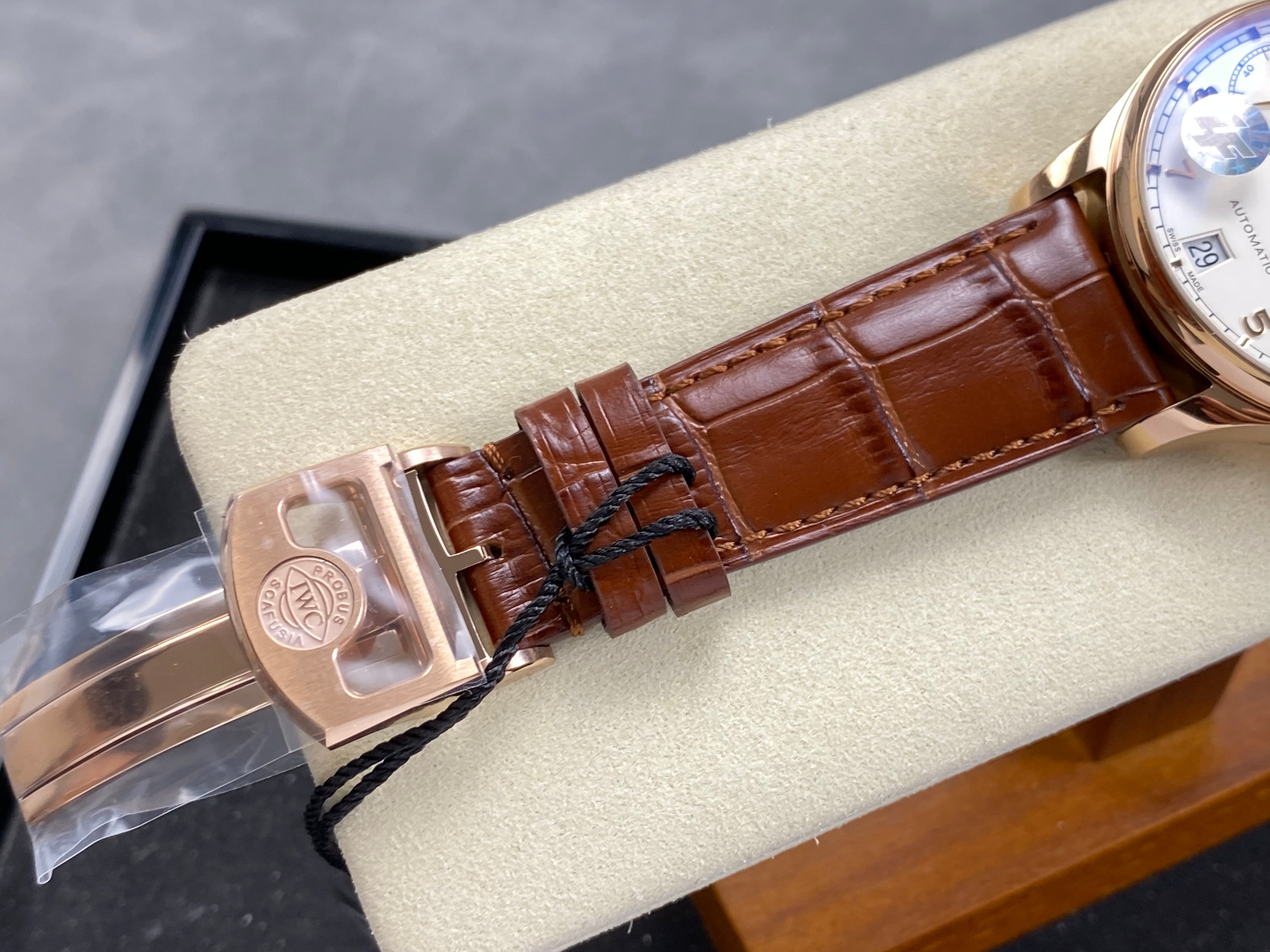 IWC Portuguese 42mm Cream Dial Pink Gold Case Crocodile Leather