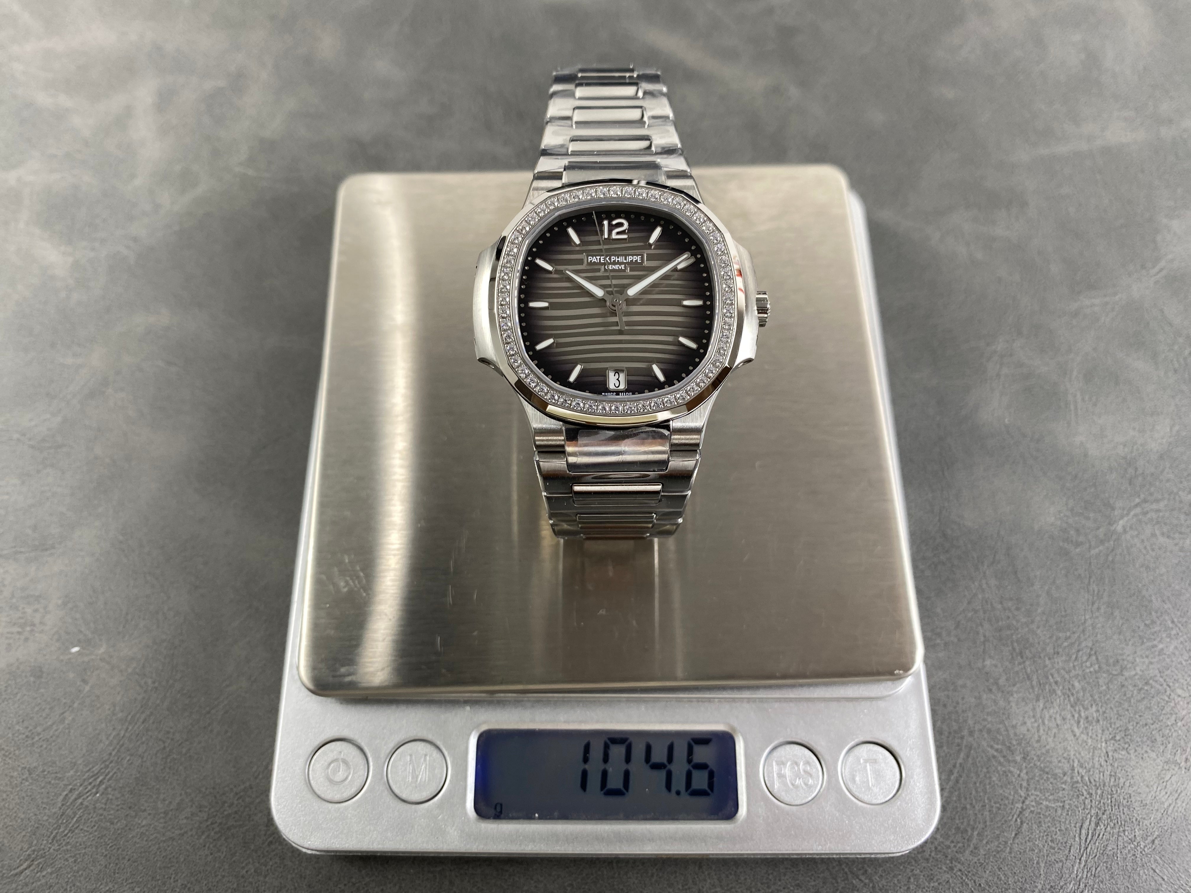 Patek Philippe Nautilus 35mm Black Gray Dial Sliver Case Diamond Bezel