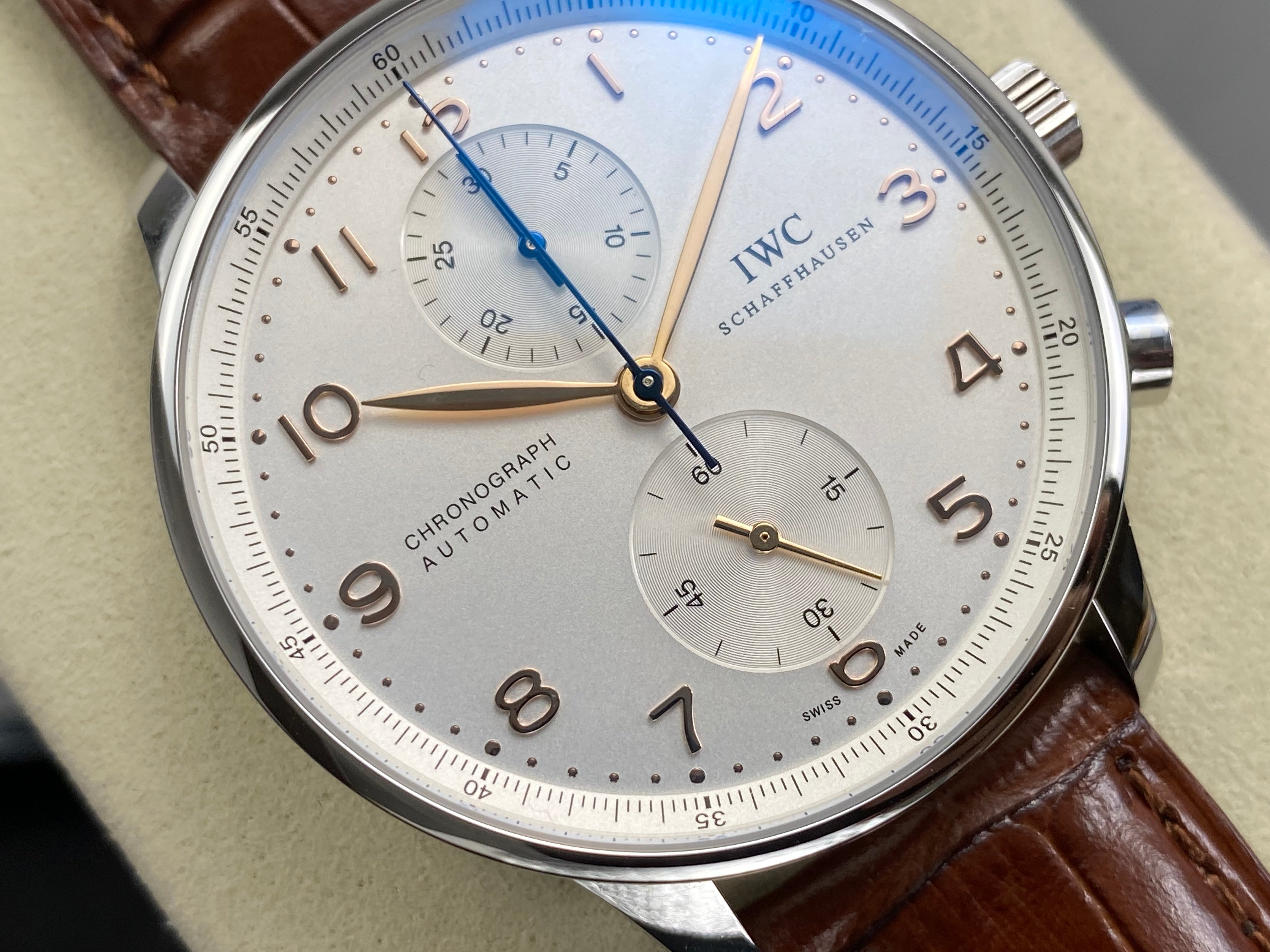 IWC Portuguese Chronograph 41mm White Dial Brown Crocodile Leather Strap
