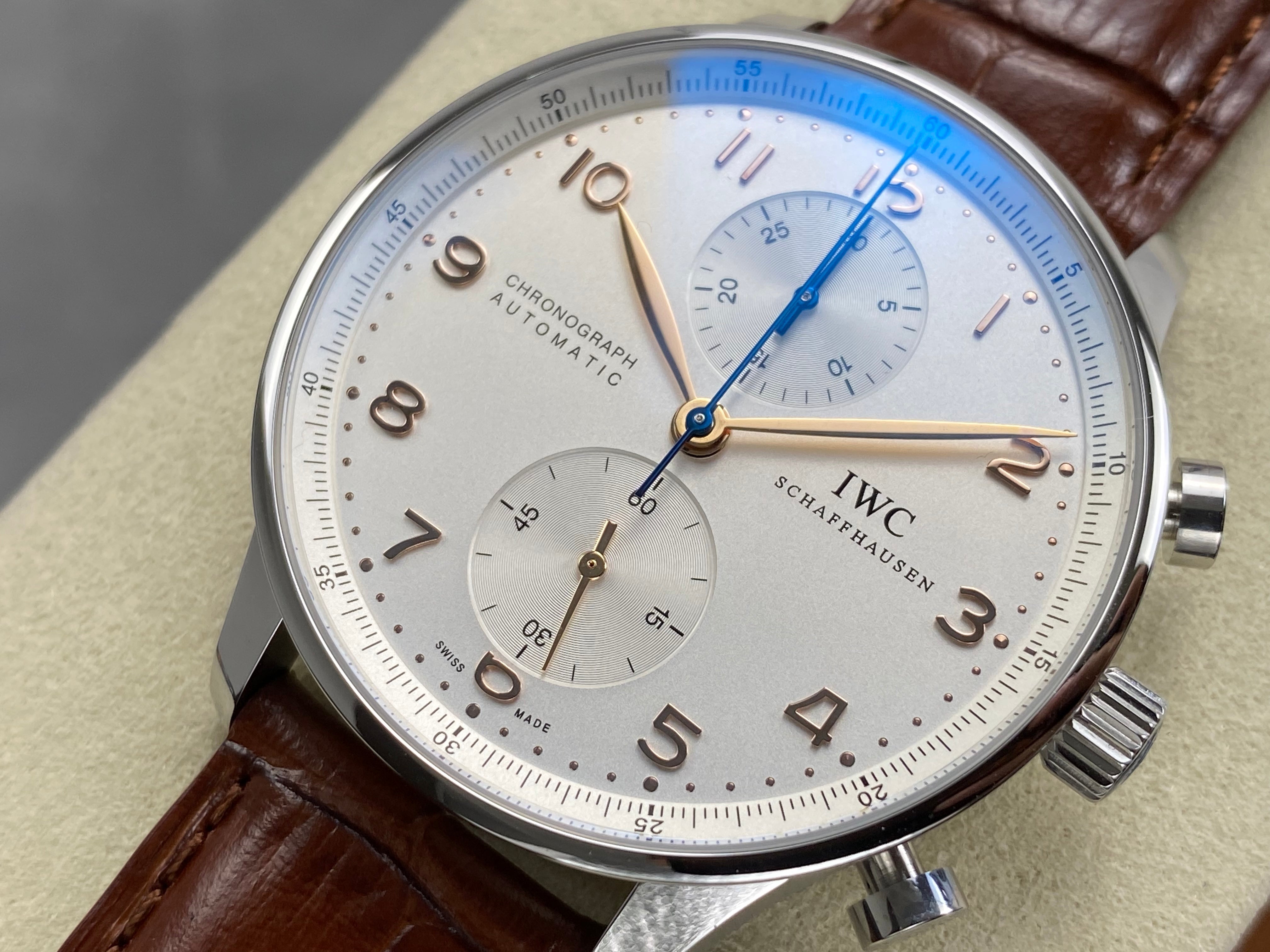 IWC Portuguese Chronograph 41mm White Dial Brown Crocodile Leather Strap