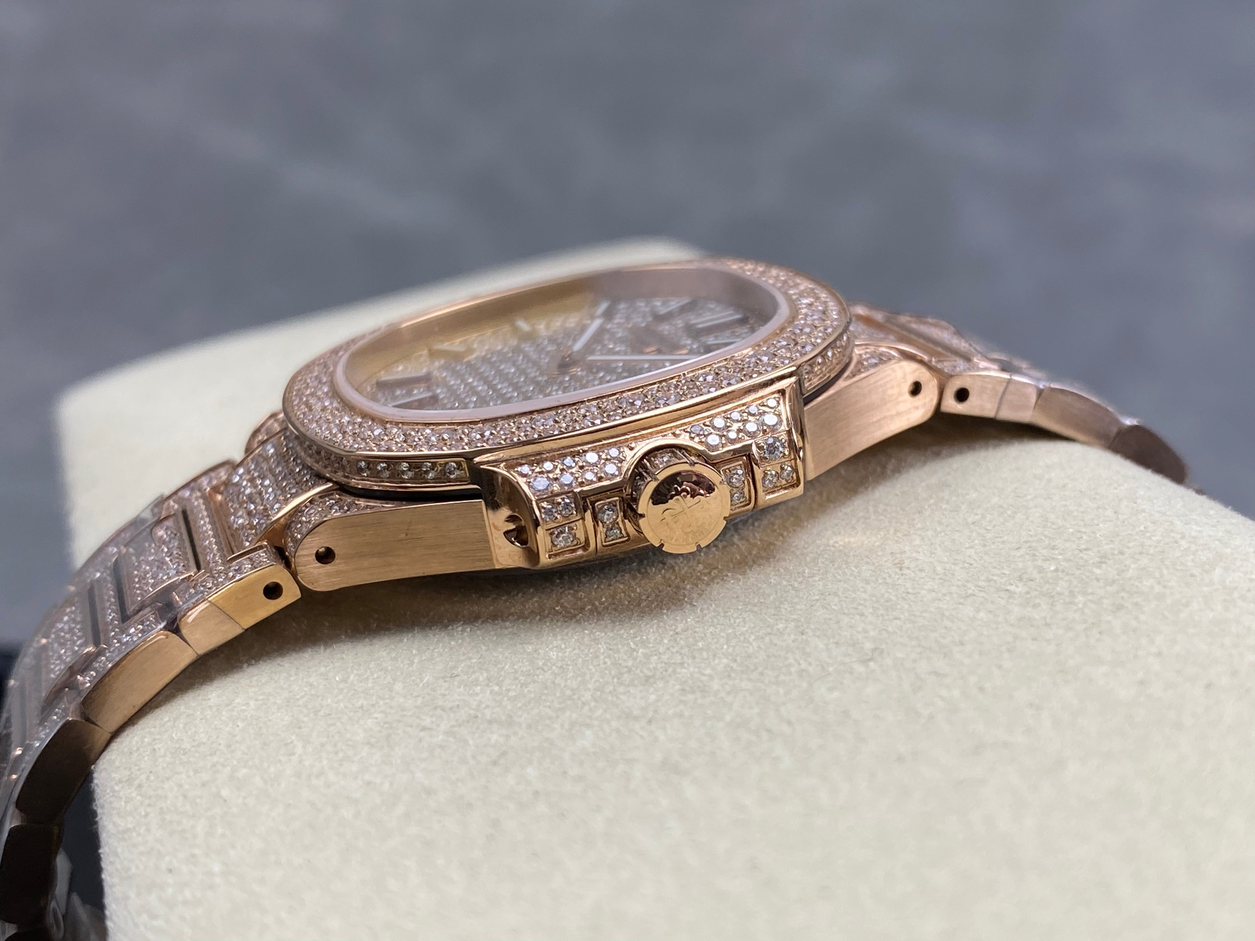 Patek Philippe Nautilus 35mm Diamond Dial Pink Gold Full Diamond