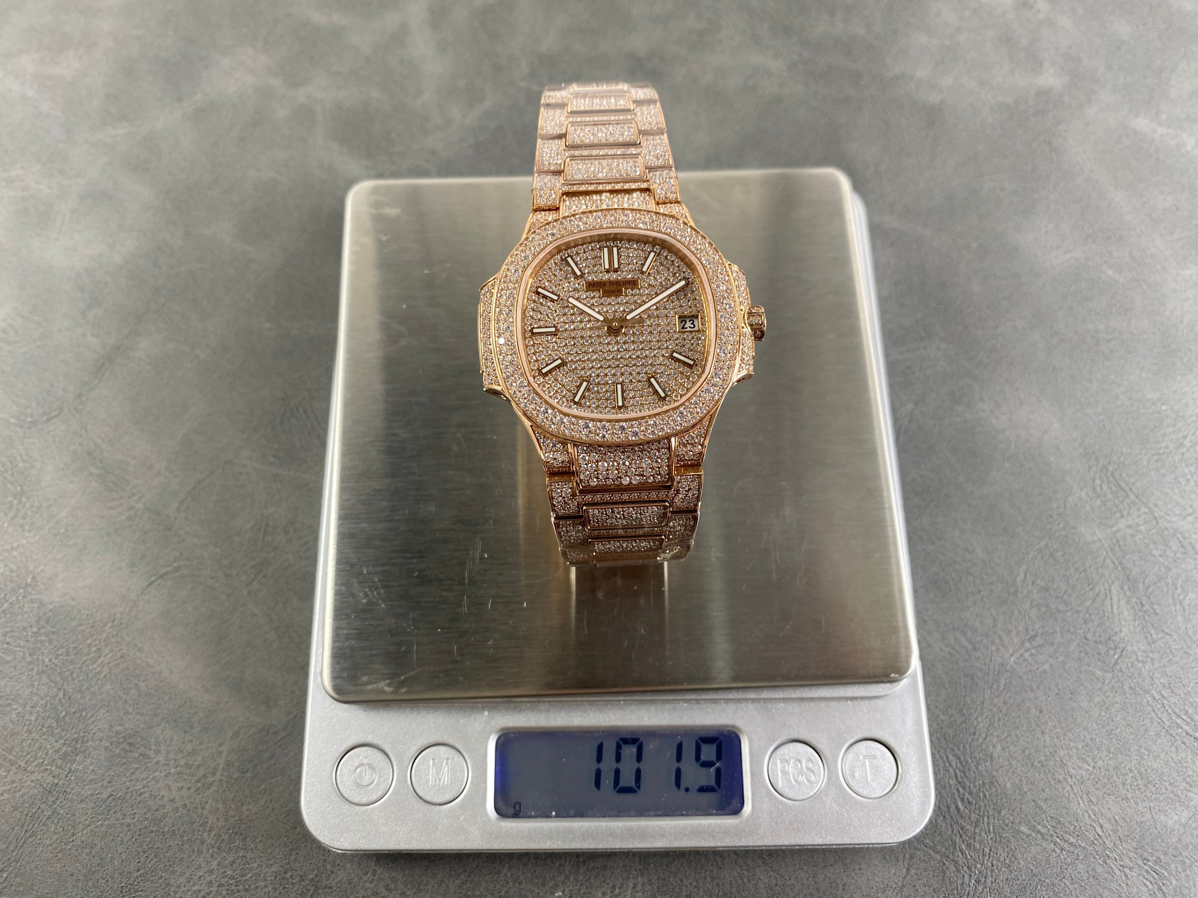 Patek Philippe Nautilus 35mm Diamond Dial Pink Gold Full Diamond