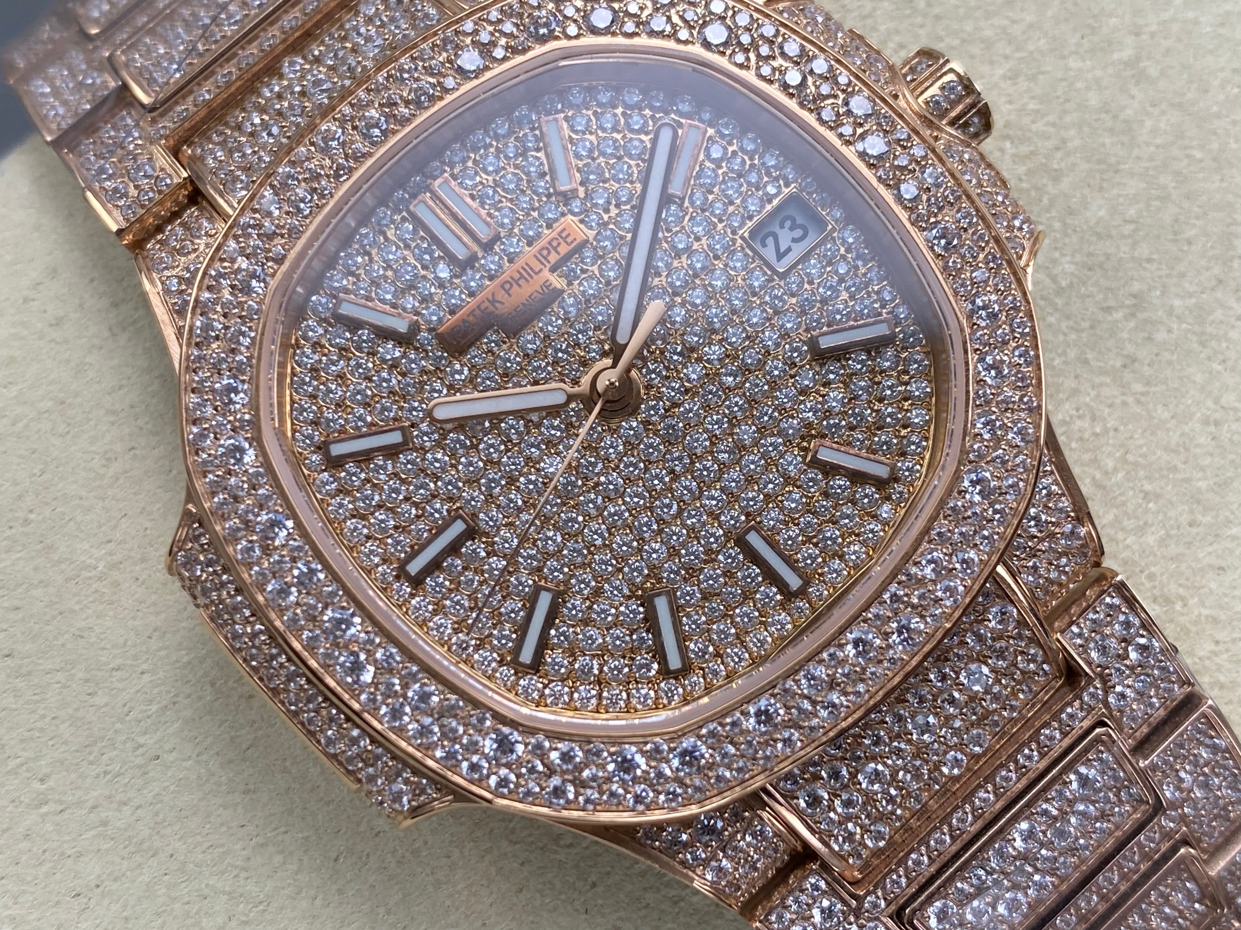 Patek Philippe Nautilus 35mm Diamond Dial Pink Gold Full Diamond