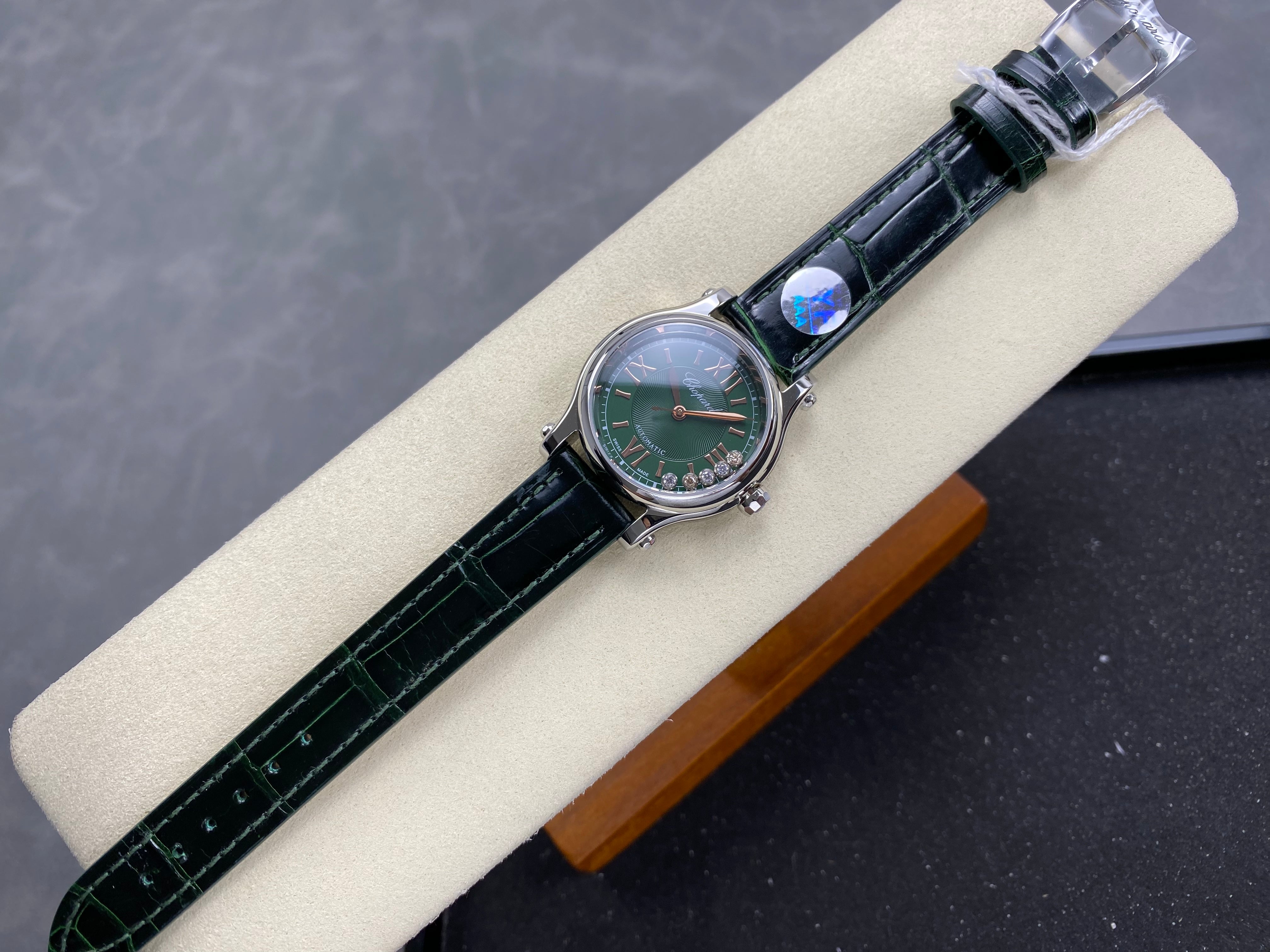 Chopard Happy Sport 30mm Green Diamond Dial Black Green Crocodile Leather