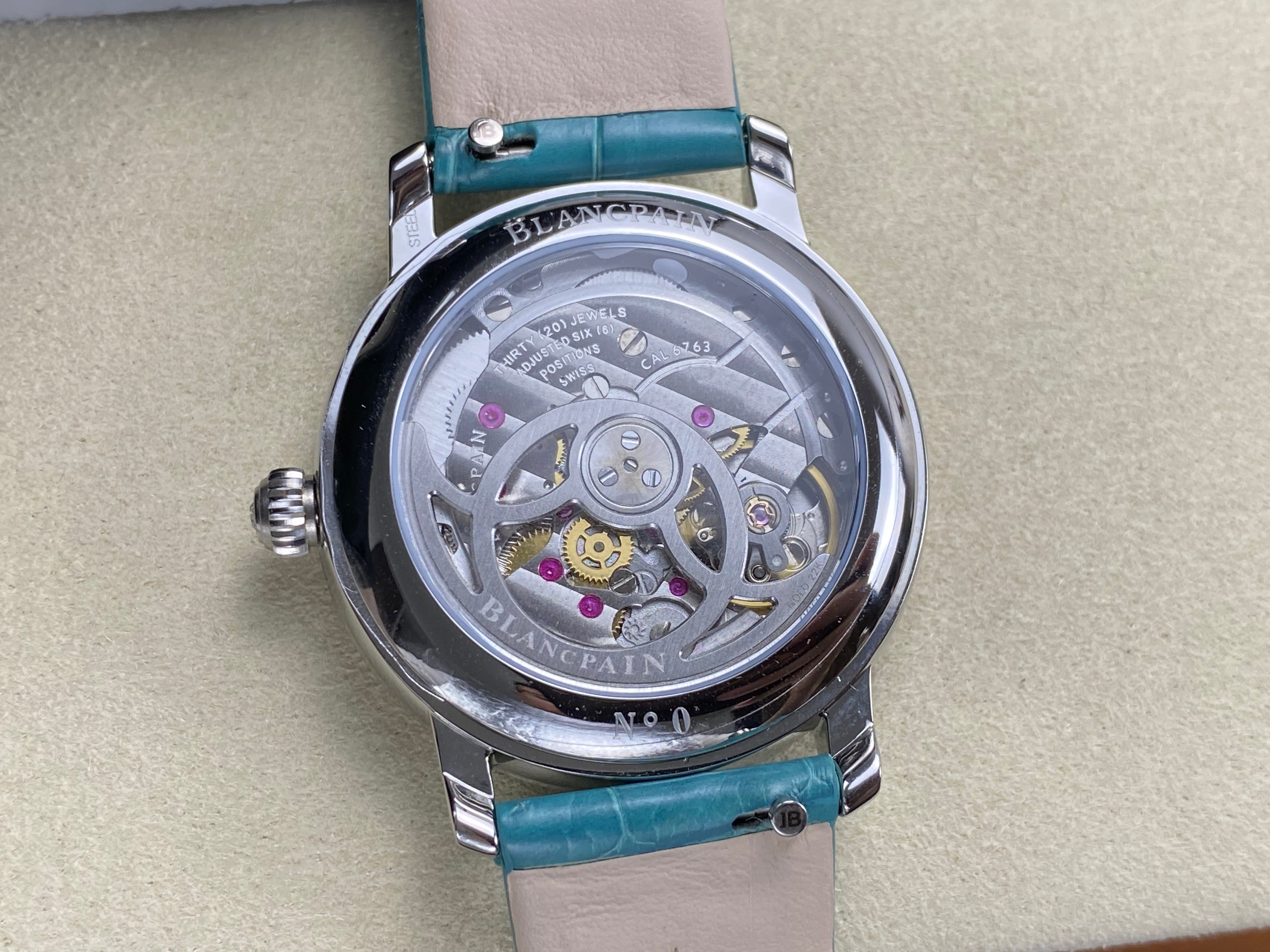Blancpain's Ladybird 35mm White Blue Dial Diamond Bezel Leather