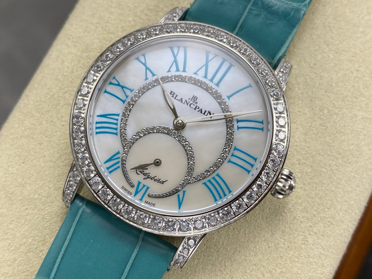 Blancpain's Ladybird 35mm White Blue Dial Diamond Bezel Leather