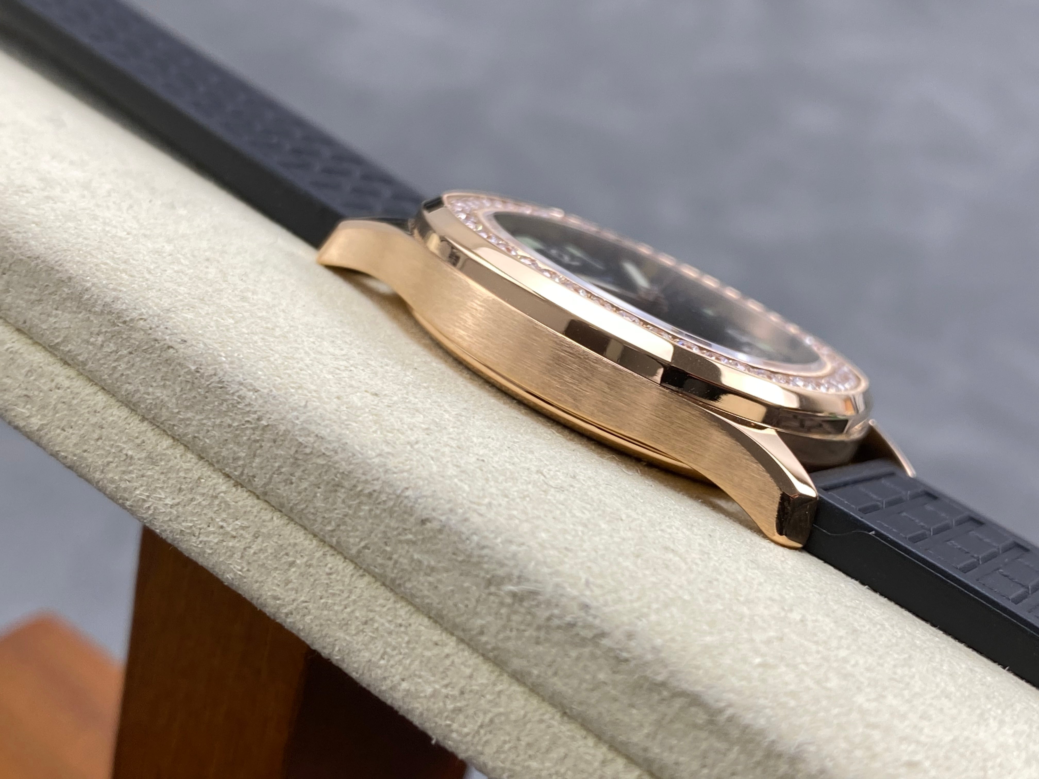 Patek Philippe Aquanaut 36mm Pink Gold Case Diamond Bezel Black Rubber Strap