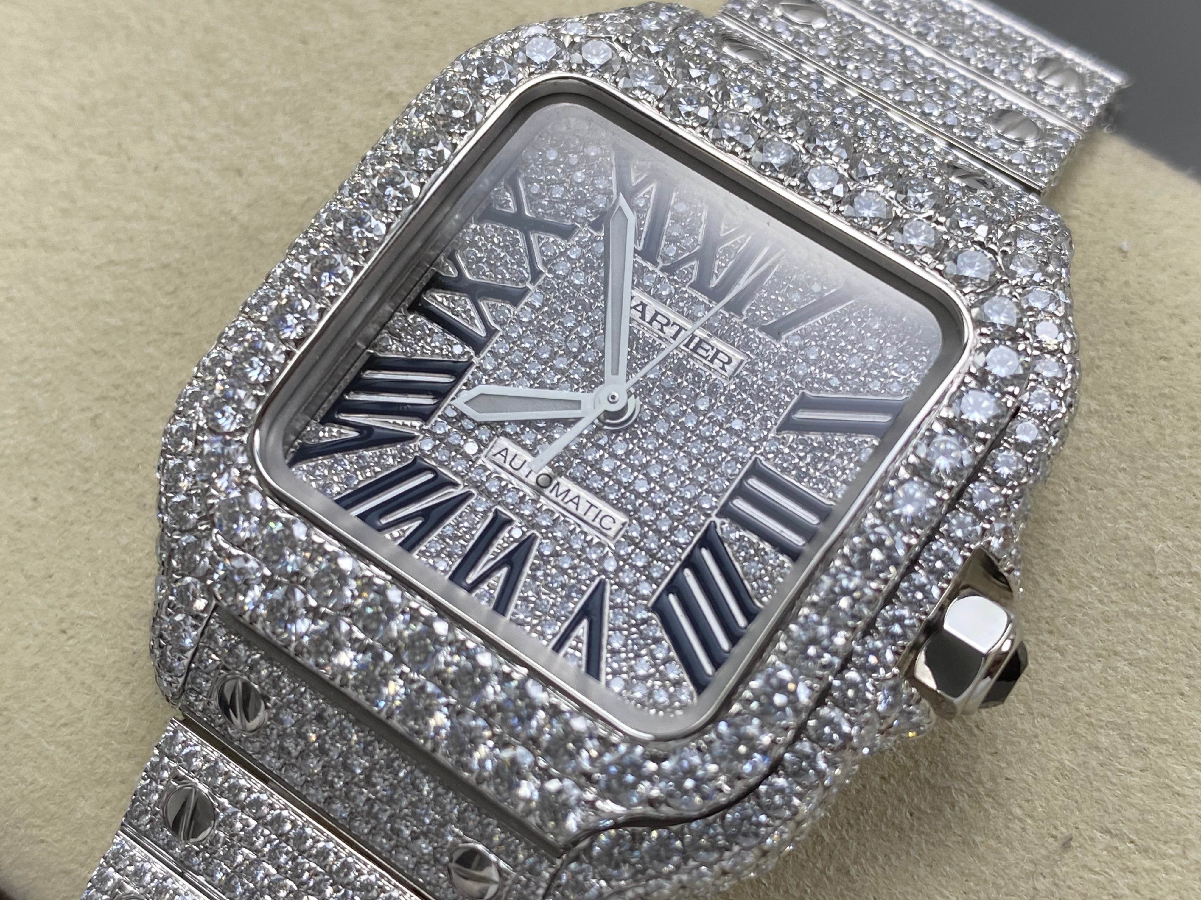 Cartier Santos 35mm Diamond Dial Sliver Full Diamond