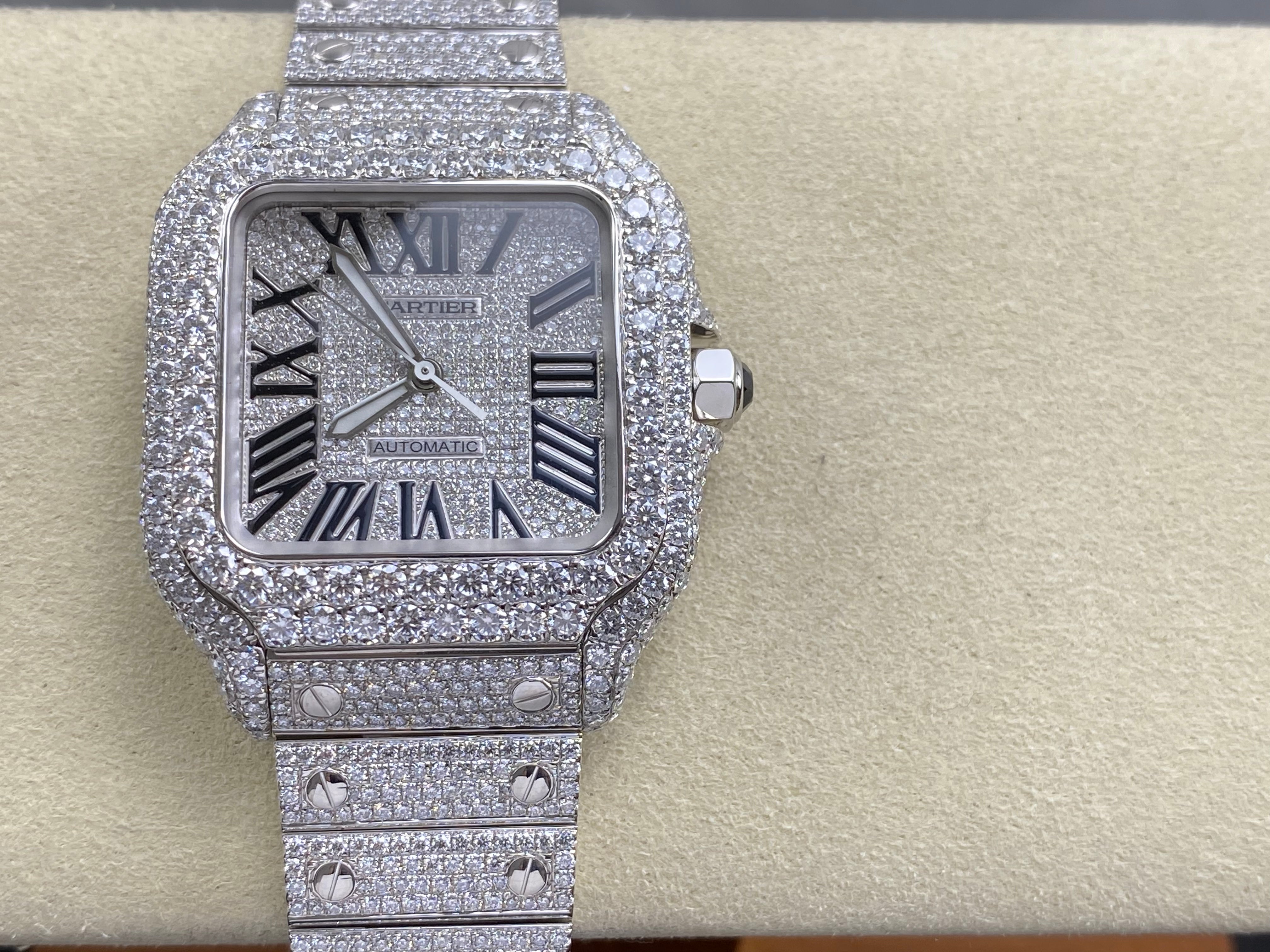Cartier Santos 35mm Diamond Dial Sliver Full Diamond