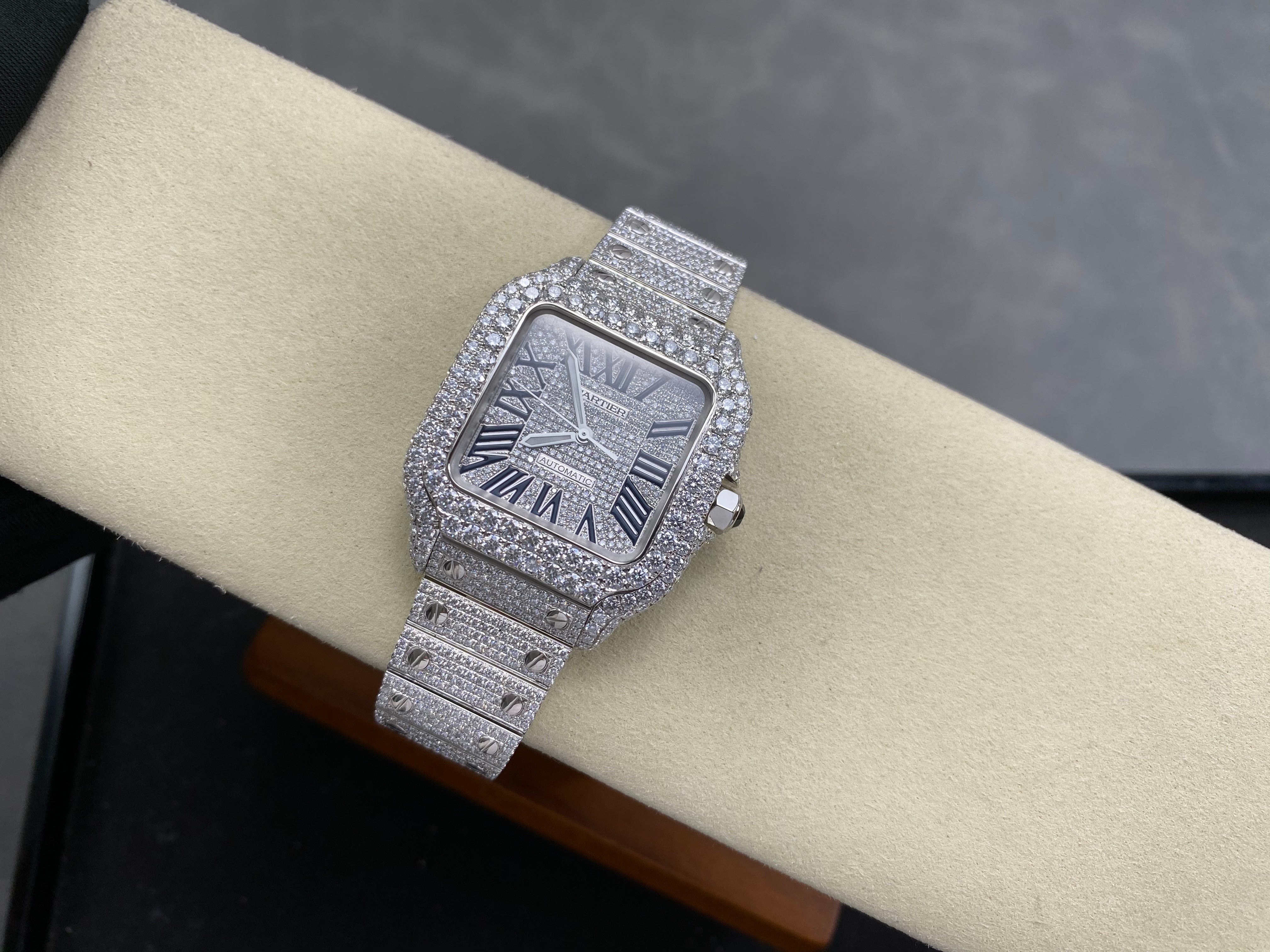 Cartier Santos 35mm Diamond Dial Sliver Full Diamond