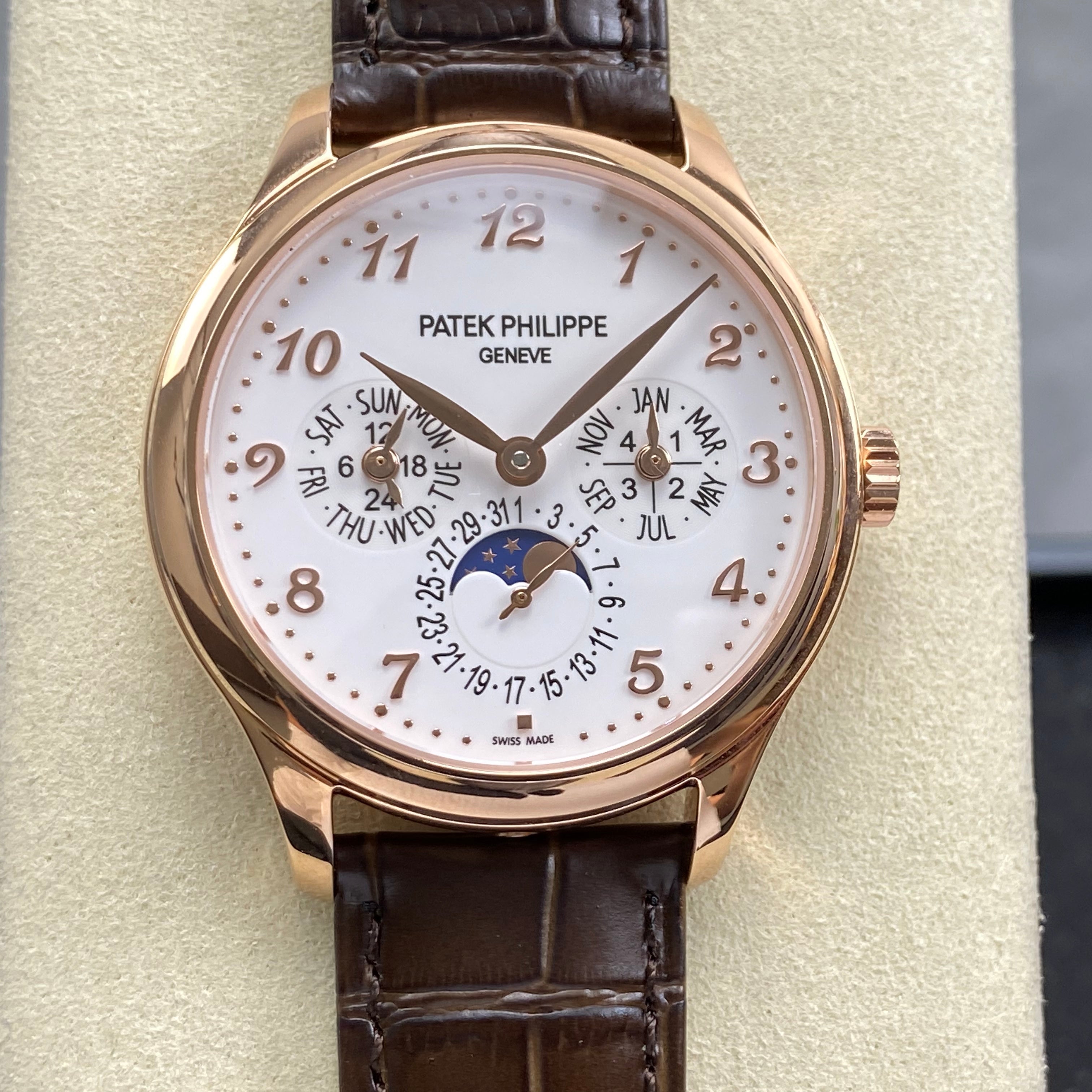 Patek Philippe Perpetual Calendar 39mm Rose Gold Case Brown Leather Strap