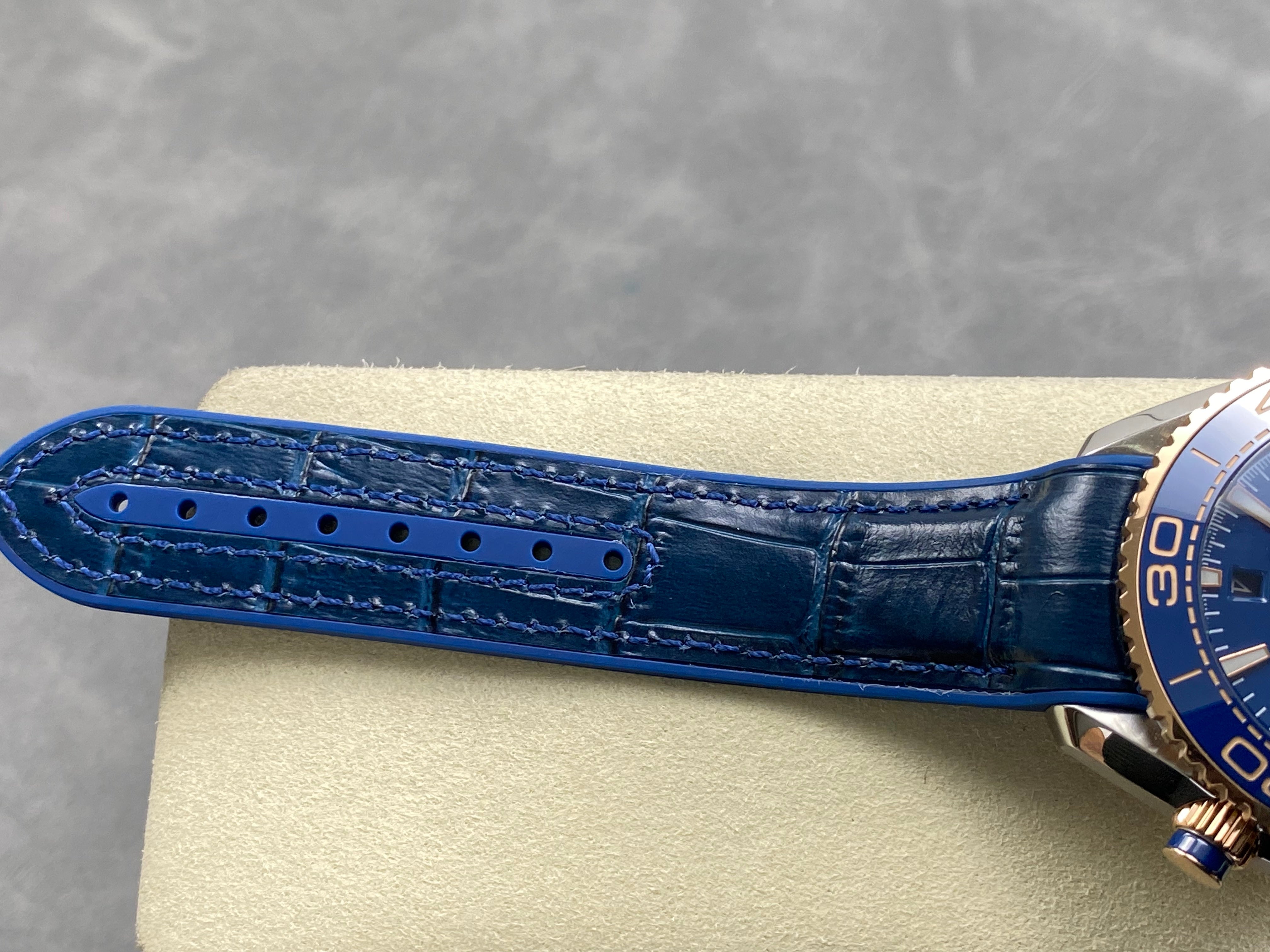 Omega Seamaster 46mm Blue Dial Pink Gold Case Blue Crocodile Leather