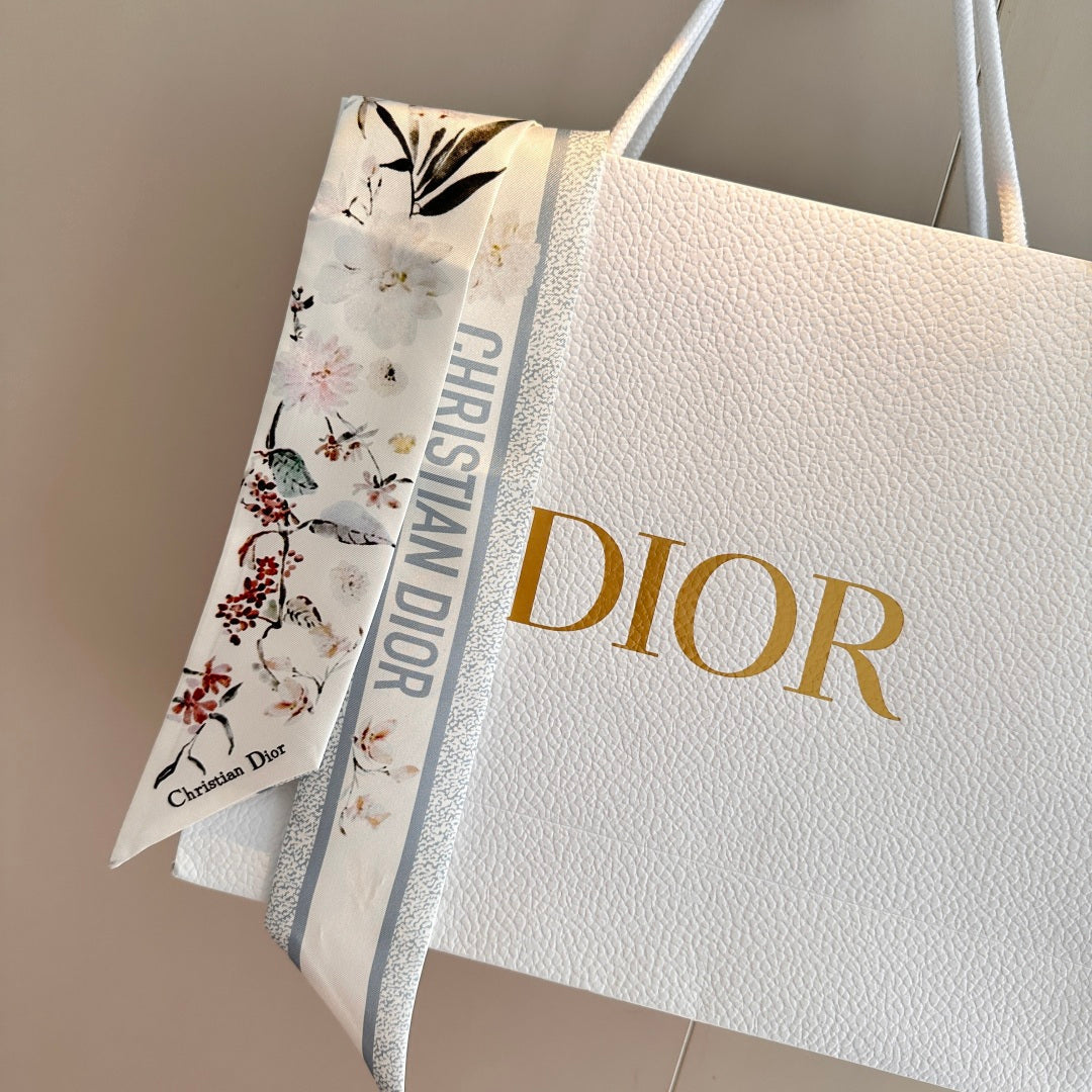 CD Twilly Mini Scarf 105cm White Baby Blue Mulberry Silk 766735