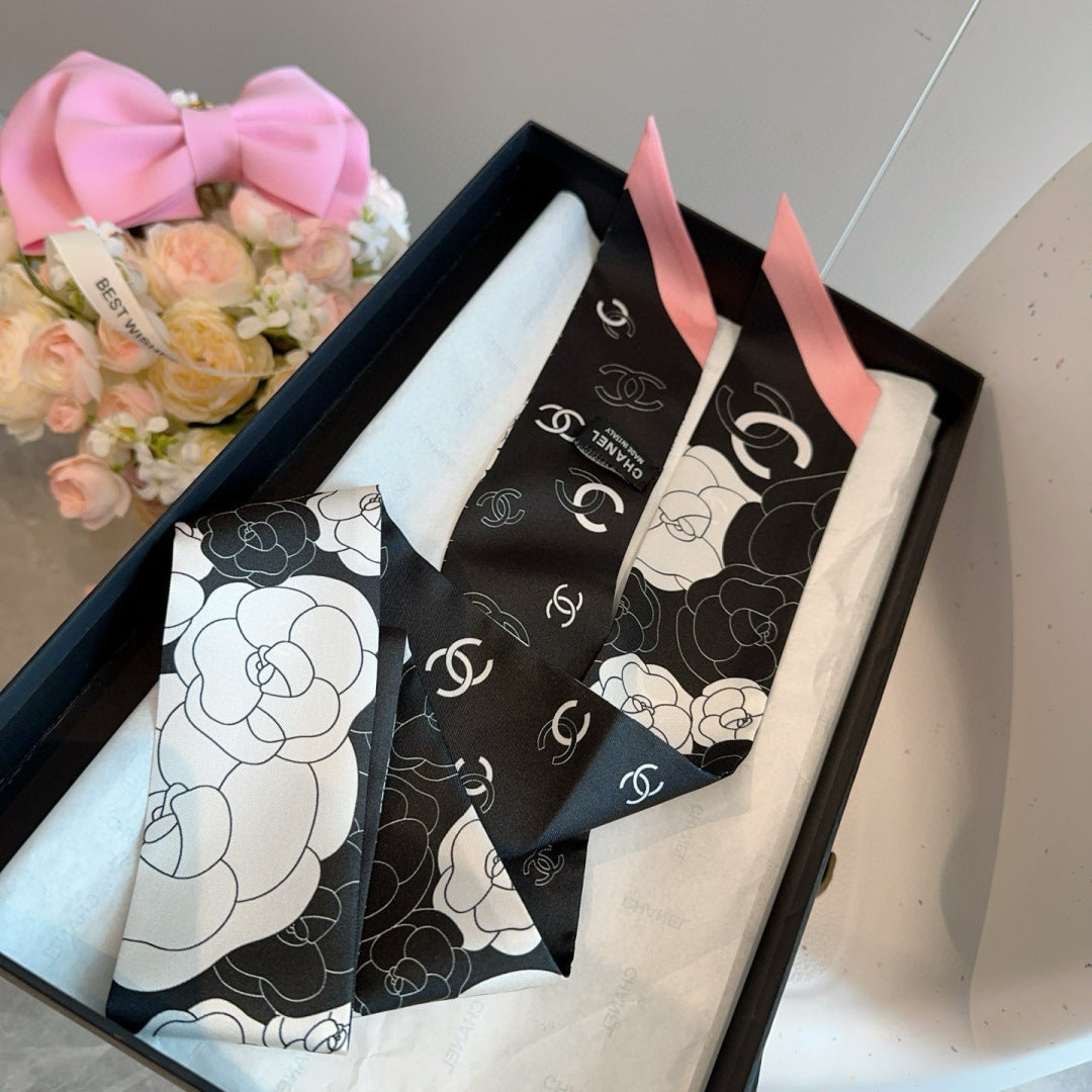 CC  Twilly Mini Scarf 120cm Black Pink Mulberry Silk 953290