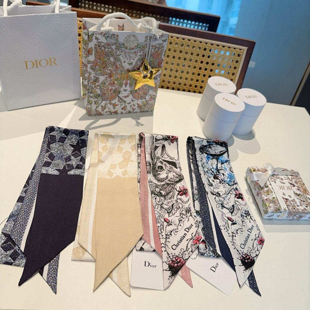 CD Twilly Mini Scarf 100cm Floral Light Beige Mulberry Silk 958864