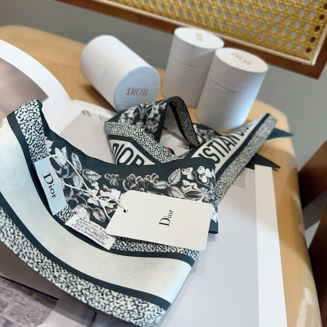 CD Twilly Mini Scarf 120cm Floral Black Mulberry Silk 958866