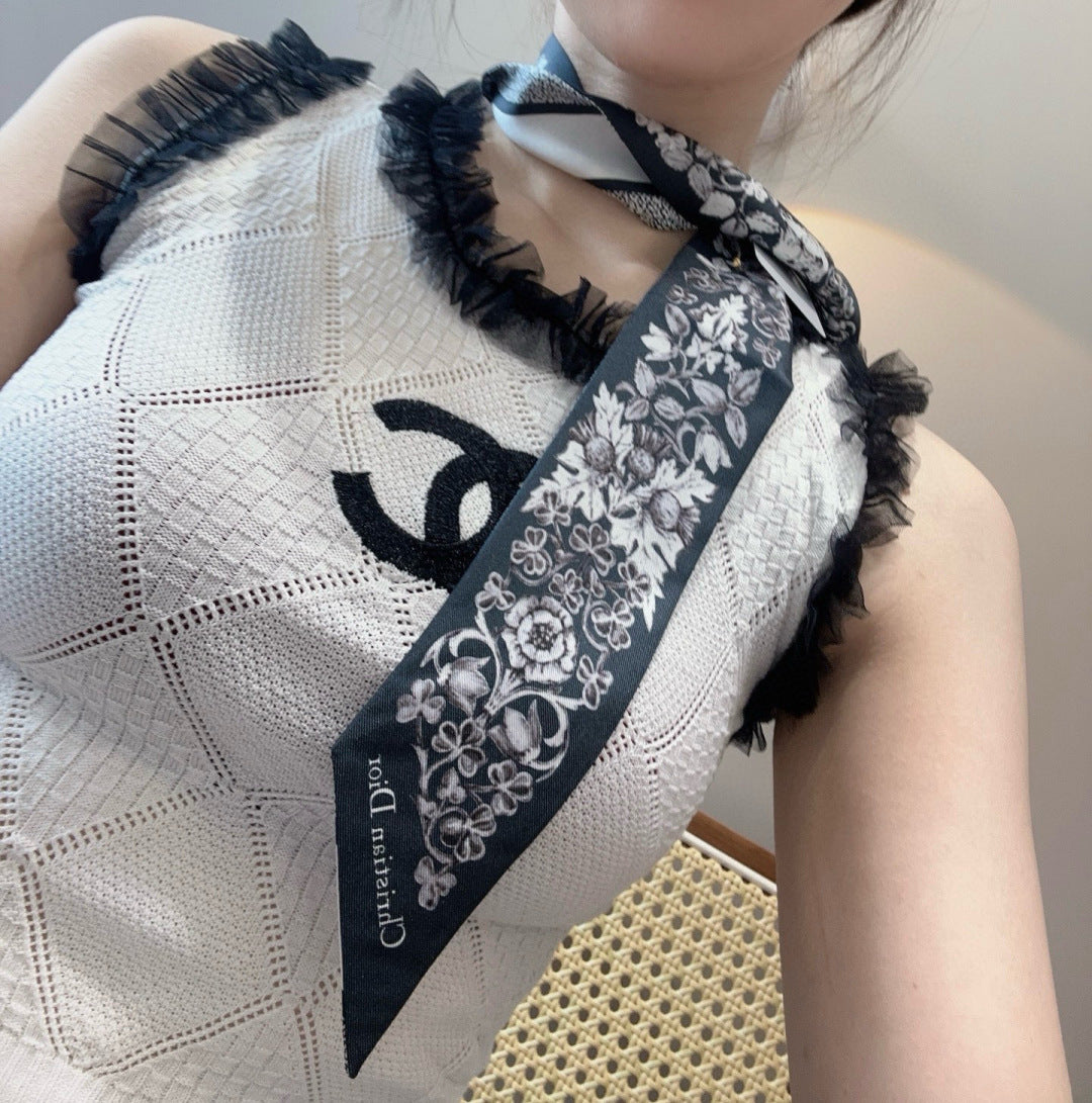 CD Twilly Mini Scarf 120cm Floral Black Mulberry Silk 958866