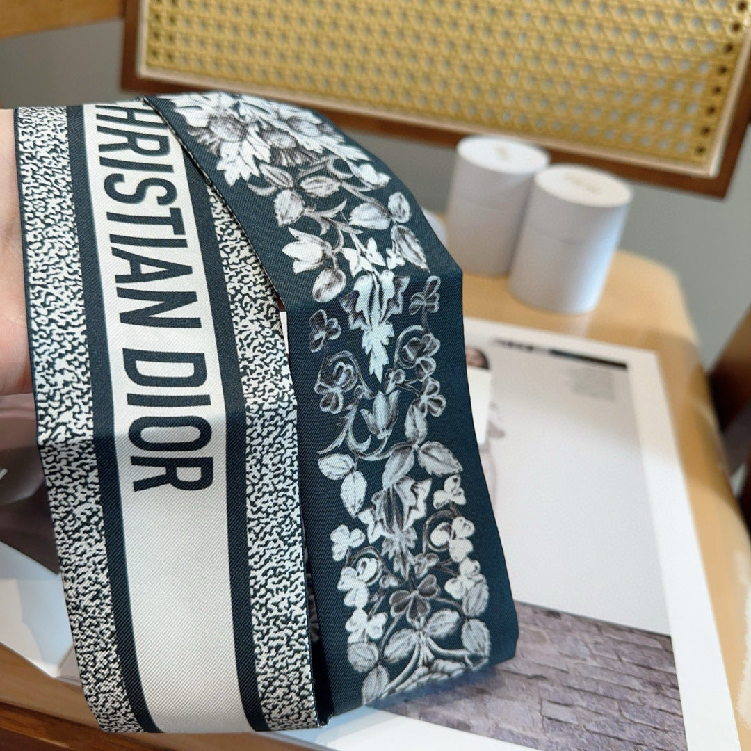 CD Twilly Mini Scarf 120cm Floral Black Mulberry Silk 958866