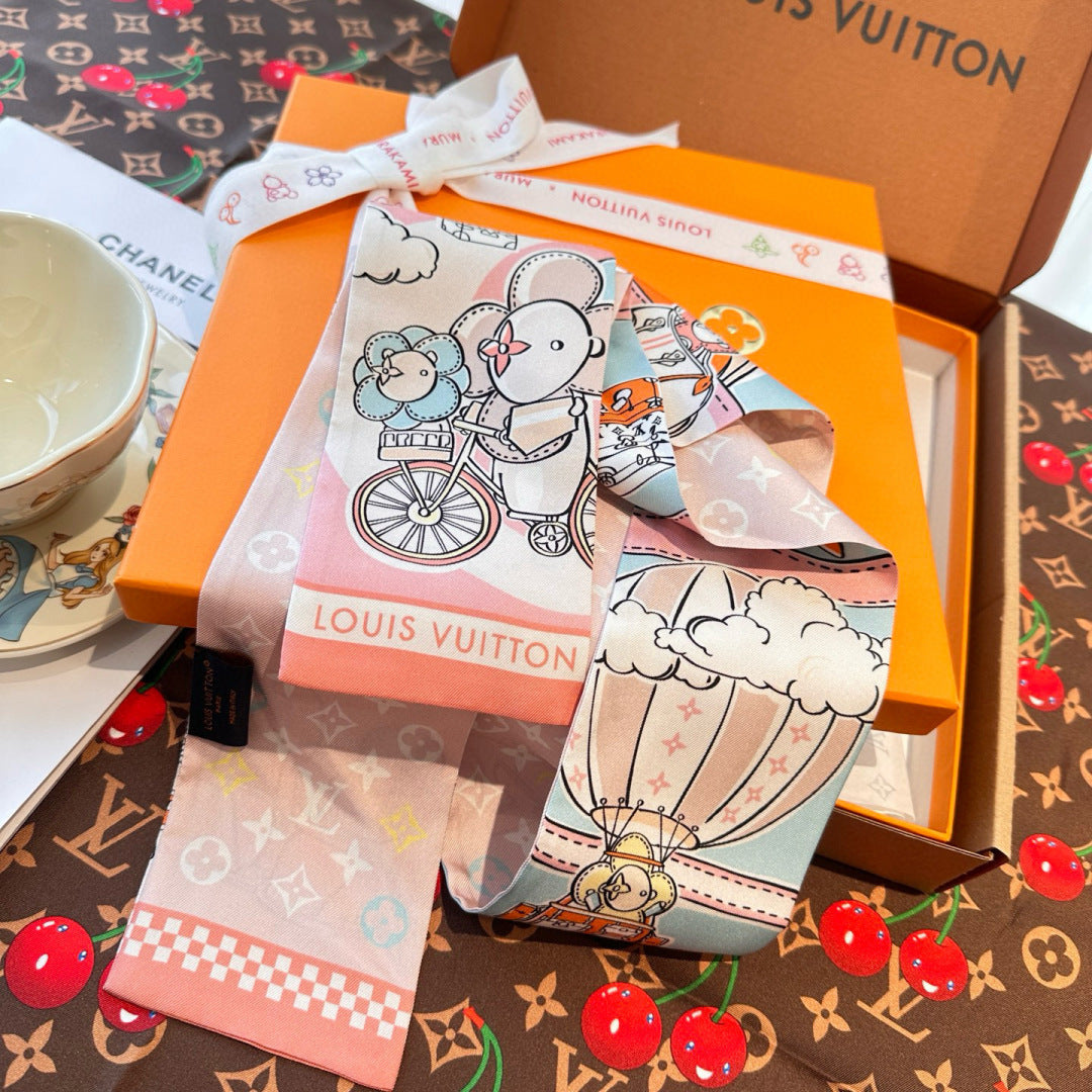 LV  Twilly Mini Scarf 86 Midnight Light Pink Silk Twill 967476