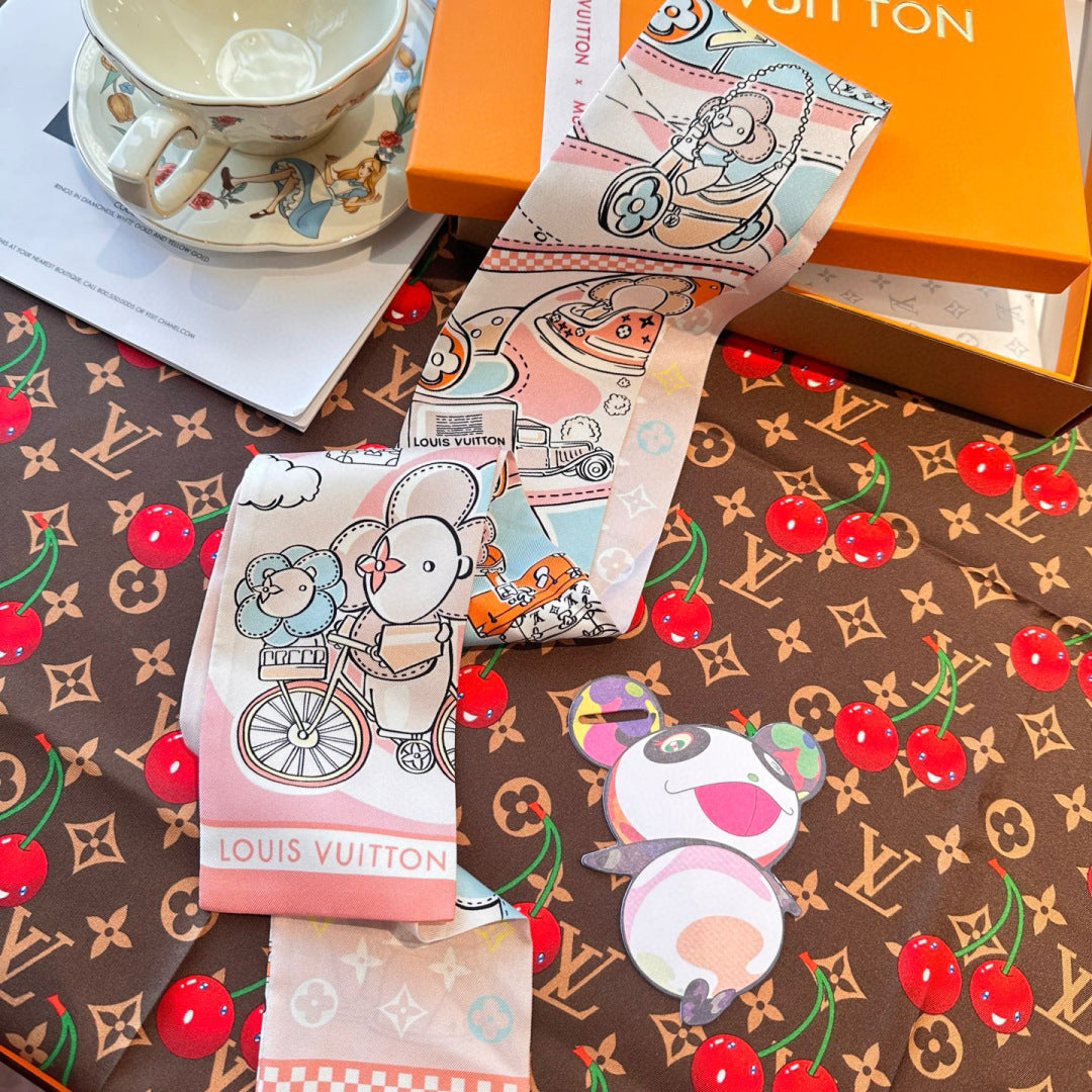 LV  Twilly Mini Scarf 86 Midnight Light Pink Silk Twill 967476