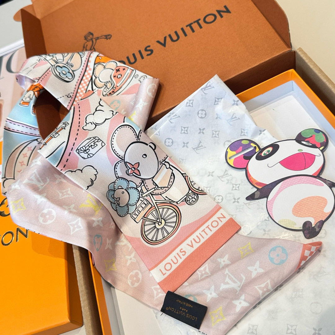 LV  Twilly Mini Scarf 86 Midnight Light Pink Silk Twill 967476