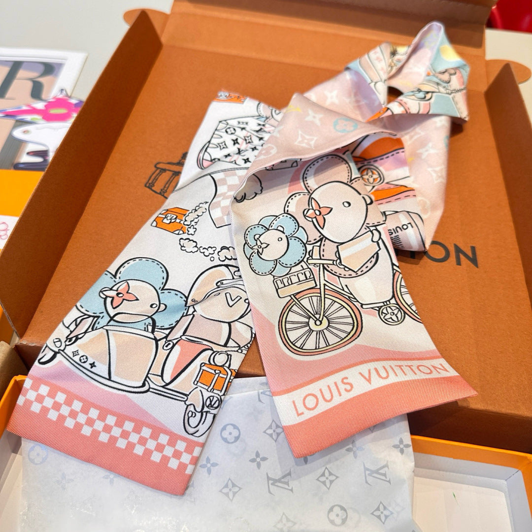 LV  Twilly Mini Scarf 86 Midnight Light Pink Silk Twill 967476