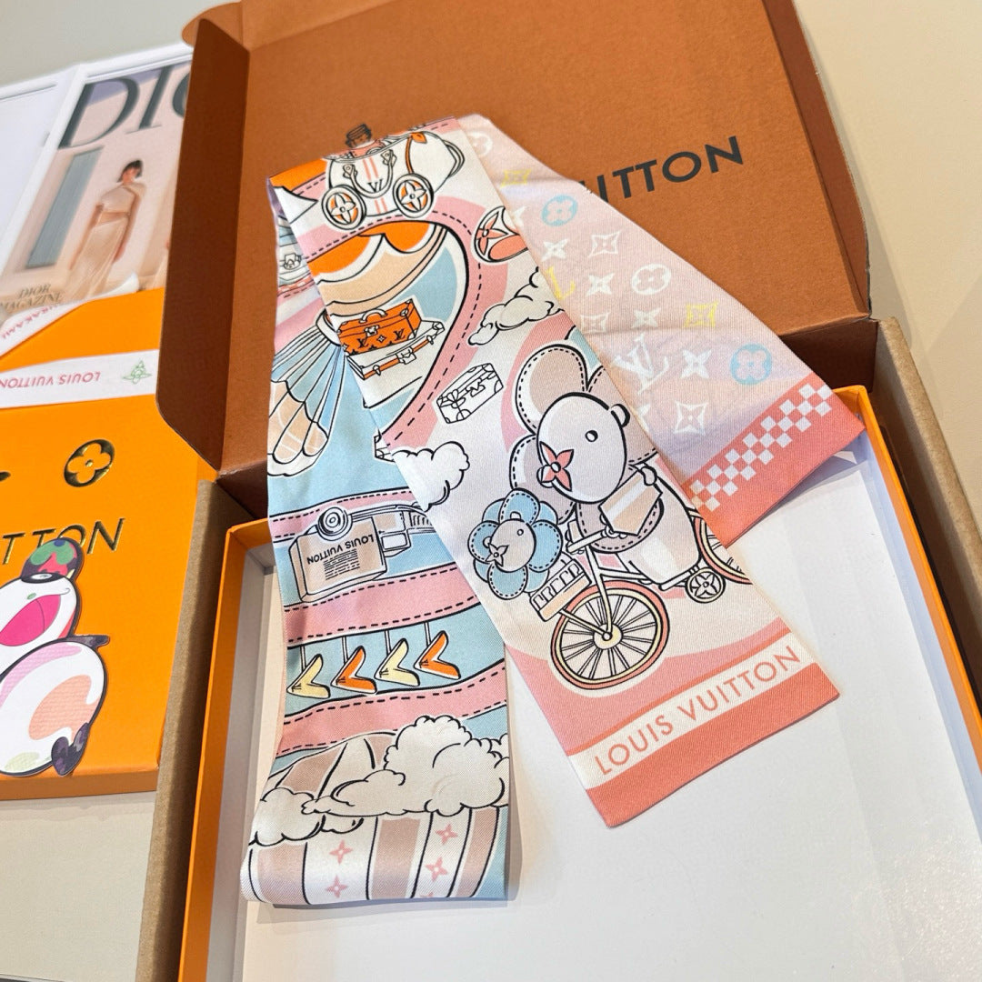 LV  Twilly Mini Scarf 86 Midnight Light Pink Silk Twill 967476