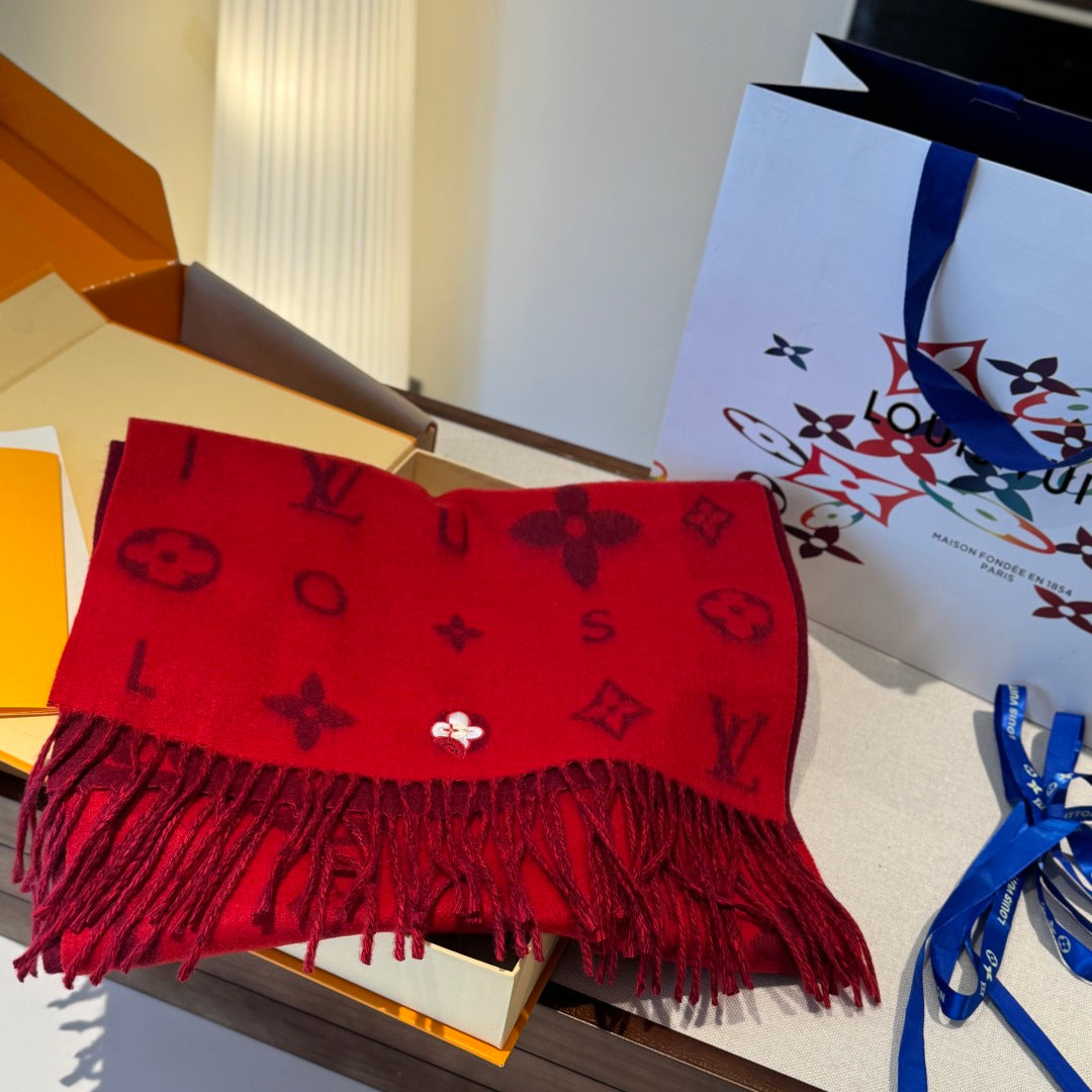 LV Reykjavik Scarf 220cm Red Cashmere 973487